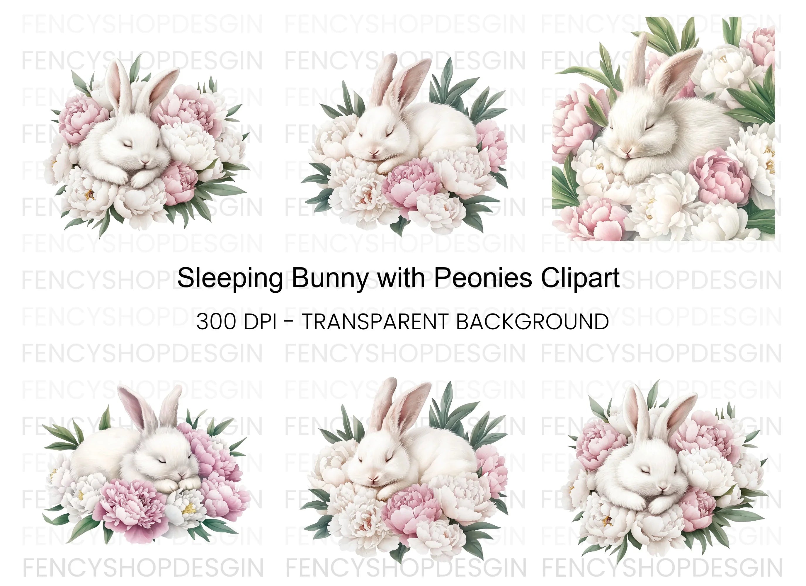 Sleeping Bunny Peony Clipart Bundle