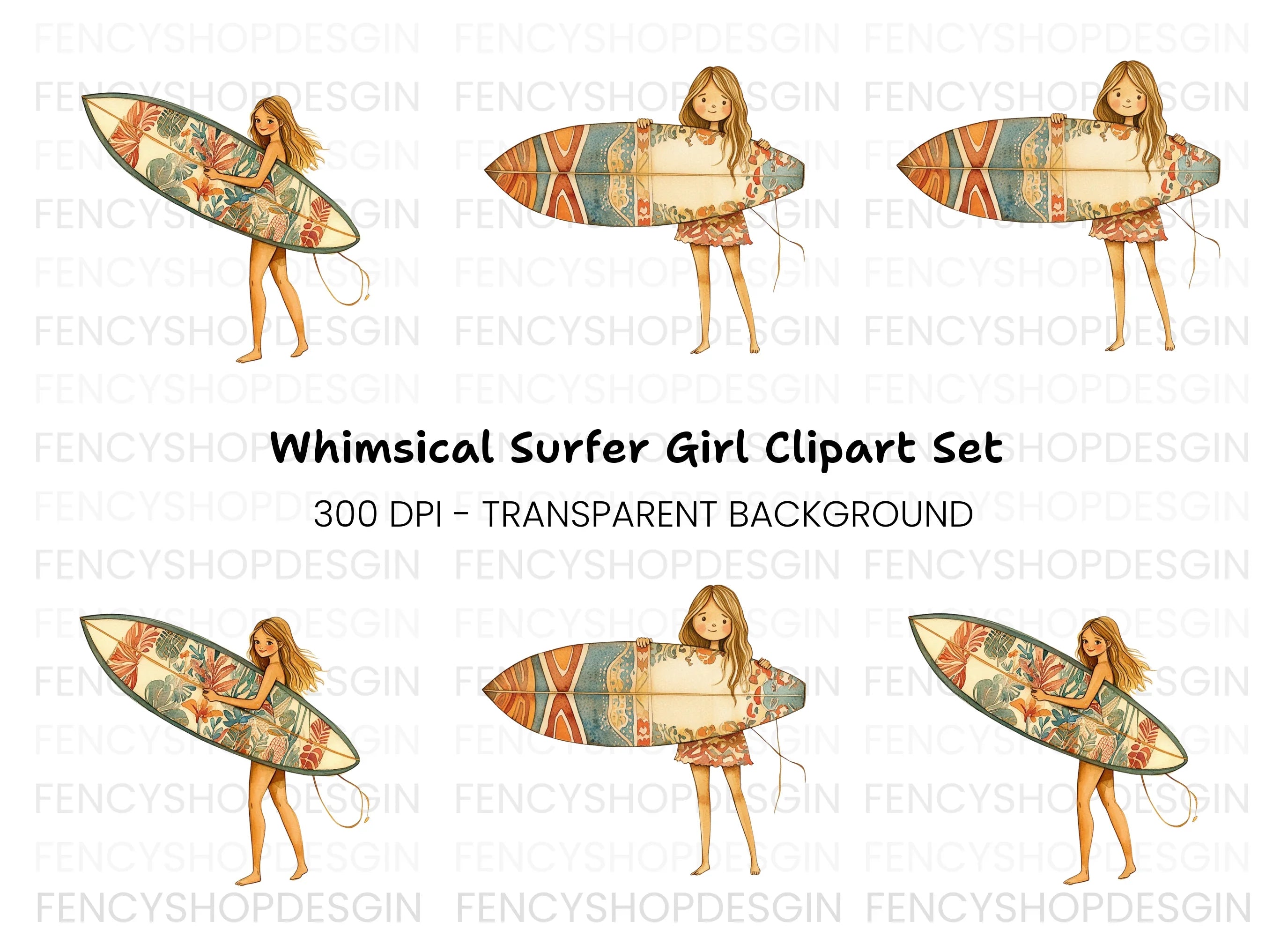Surfer Girl with Patterned Board Clipart Bundle