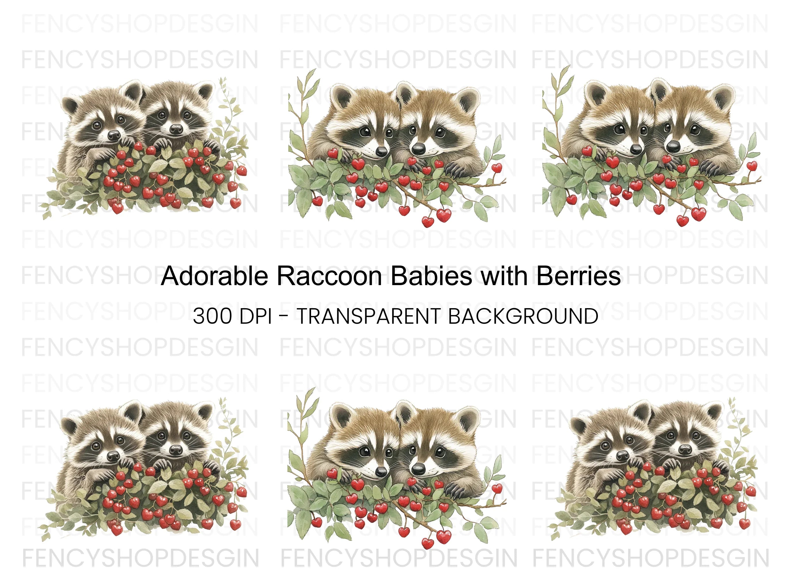 Sweet Raccoons with Berries Clipart Bundle