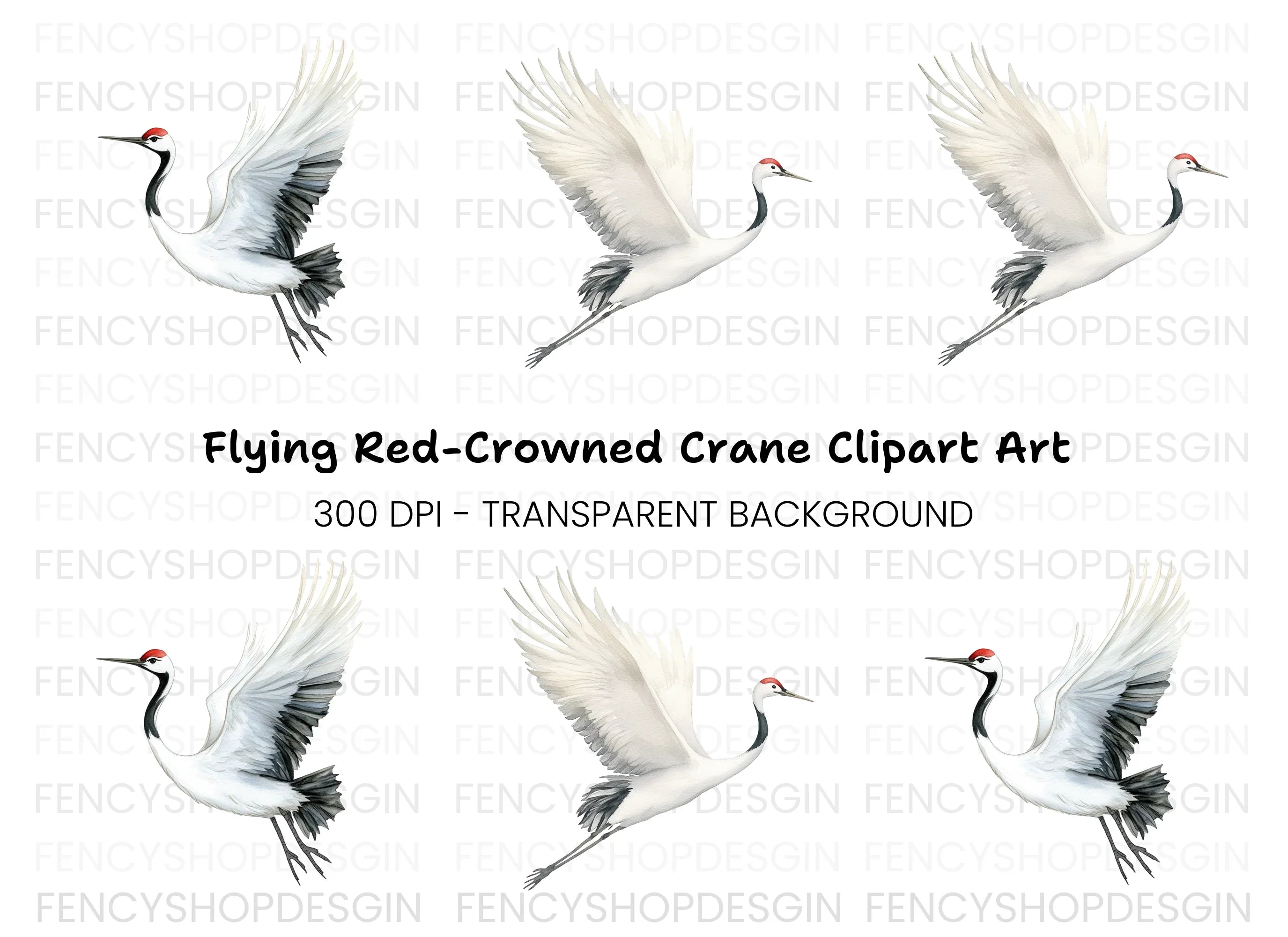 Flying Red Crowned Cranes Clipart Bundle
