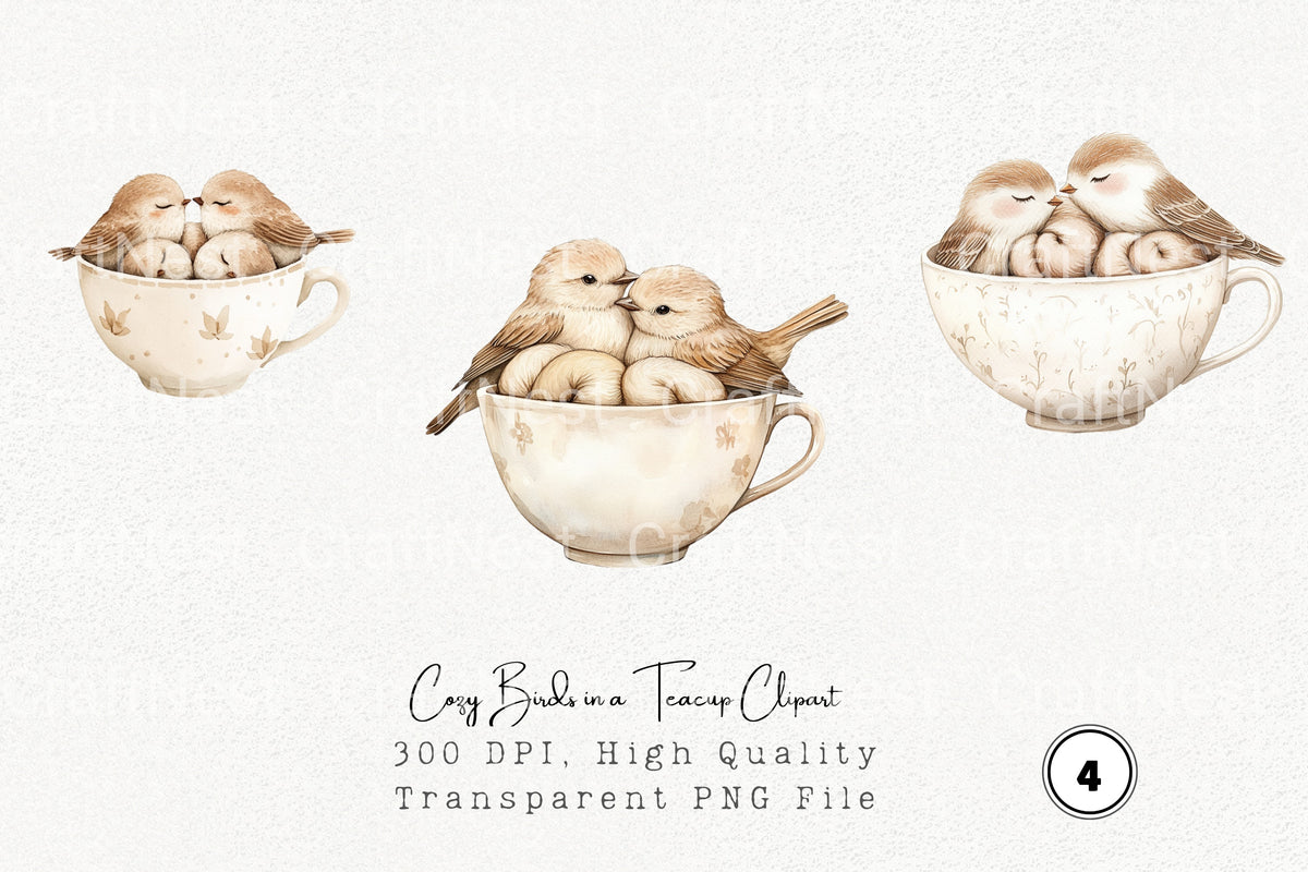 Cozy Birds In Teacup Clipart Bundle