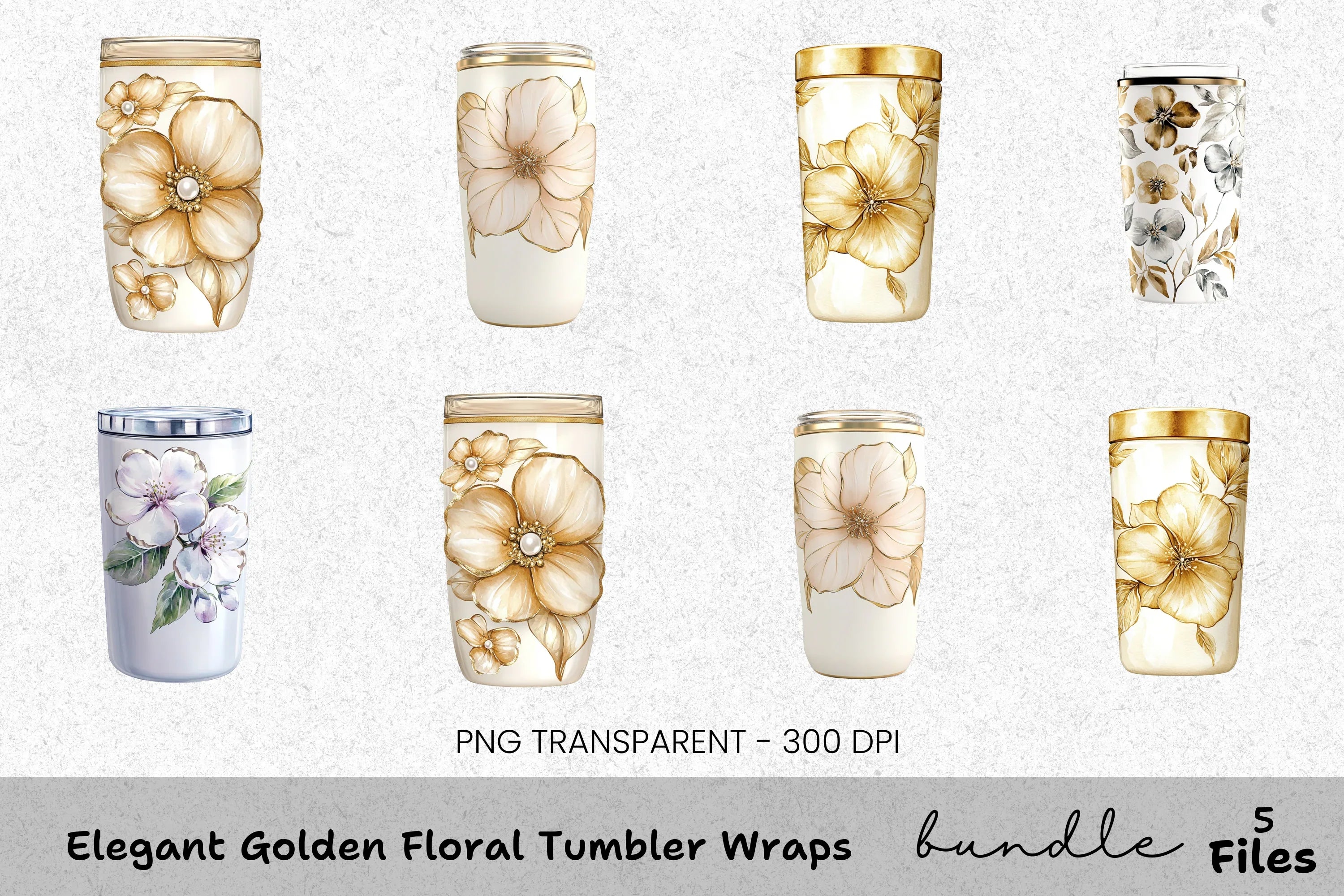 Elegant Golden Floral Tumbler Clipart Bundle