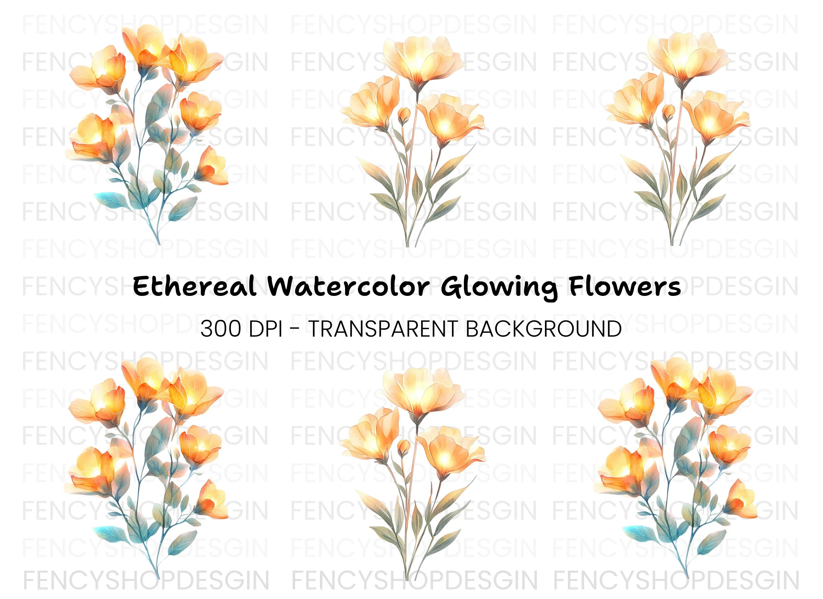 Glowing Orange Floral Bouquet Clipart Bundle