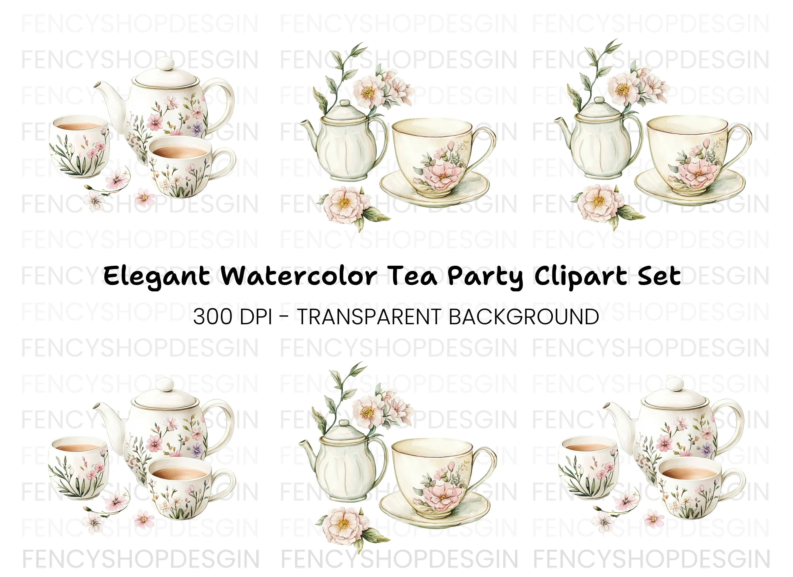 Elegant Floral Teapot and Cups Clipart Bundle
