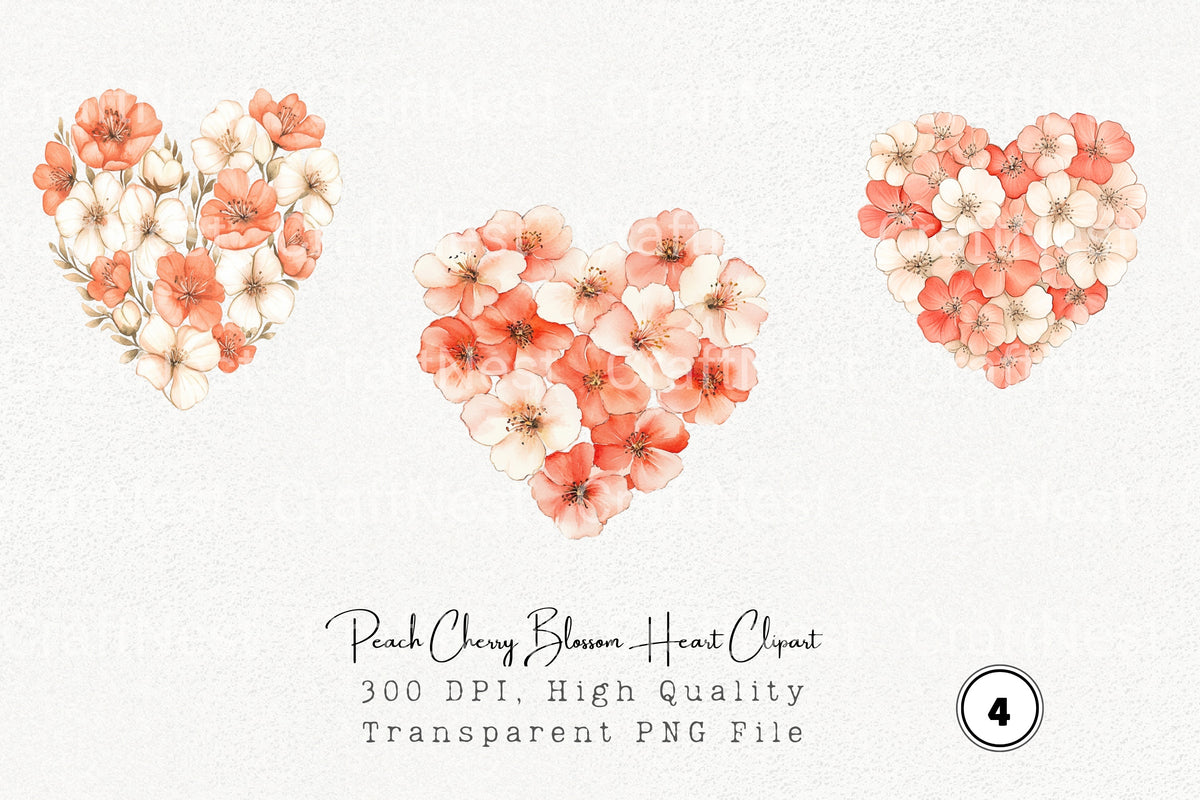 Peach Cherry Blossom Heart Clipart Bundle
