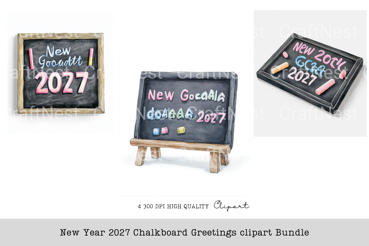 New Year Chalkboard Greetings 2027 Clipart Bundle