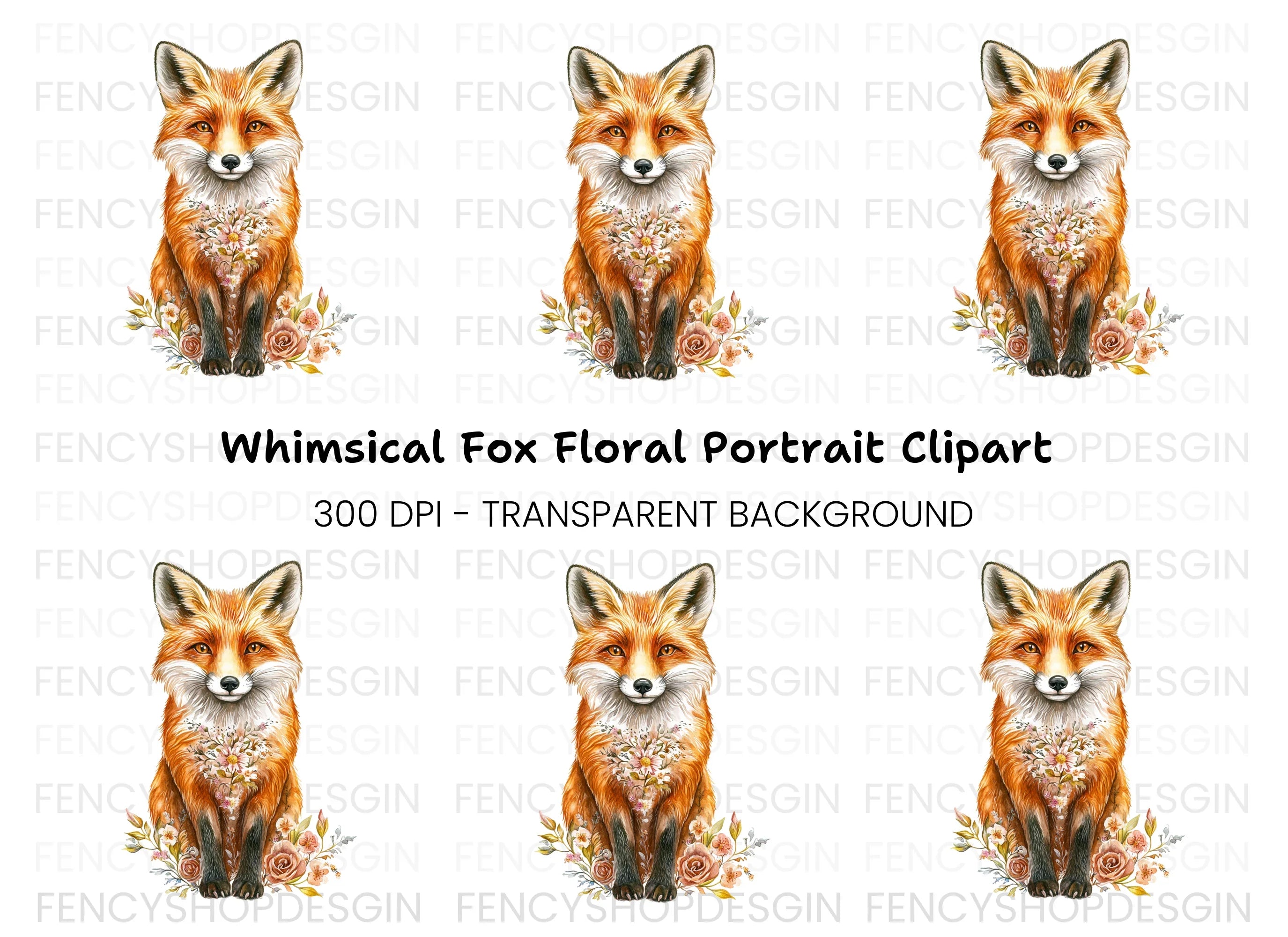 Sitting Fox with Floral Accents Clipart Bundle