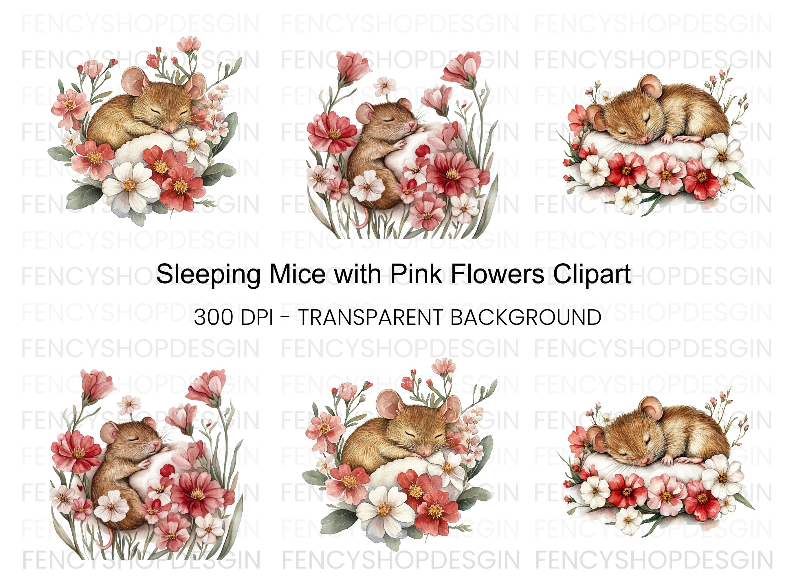 Sleeping Mice with Floral Arrangements Clipart Bundle