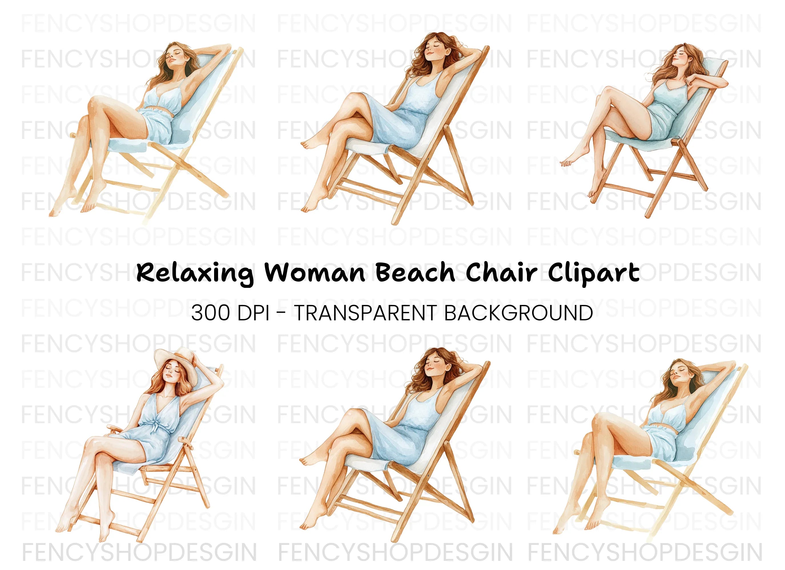 Women Relaxing on Beach Chairs Clipart Bundle