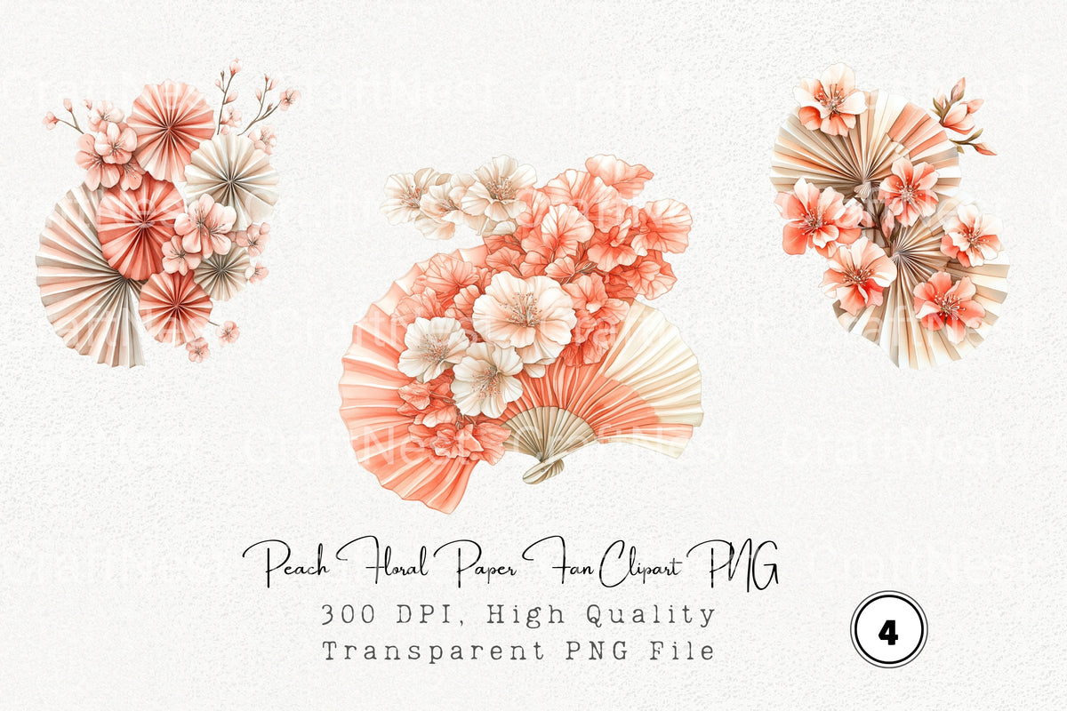 Peach Floral Fan Clipart Bundle