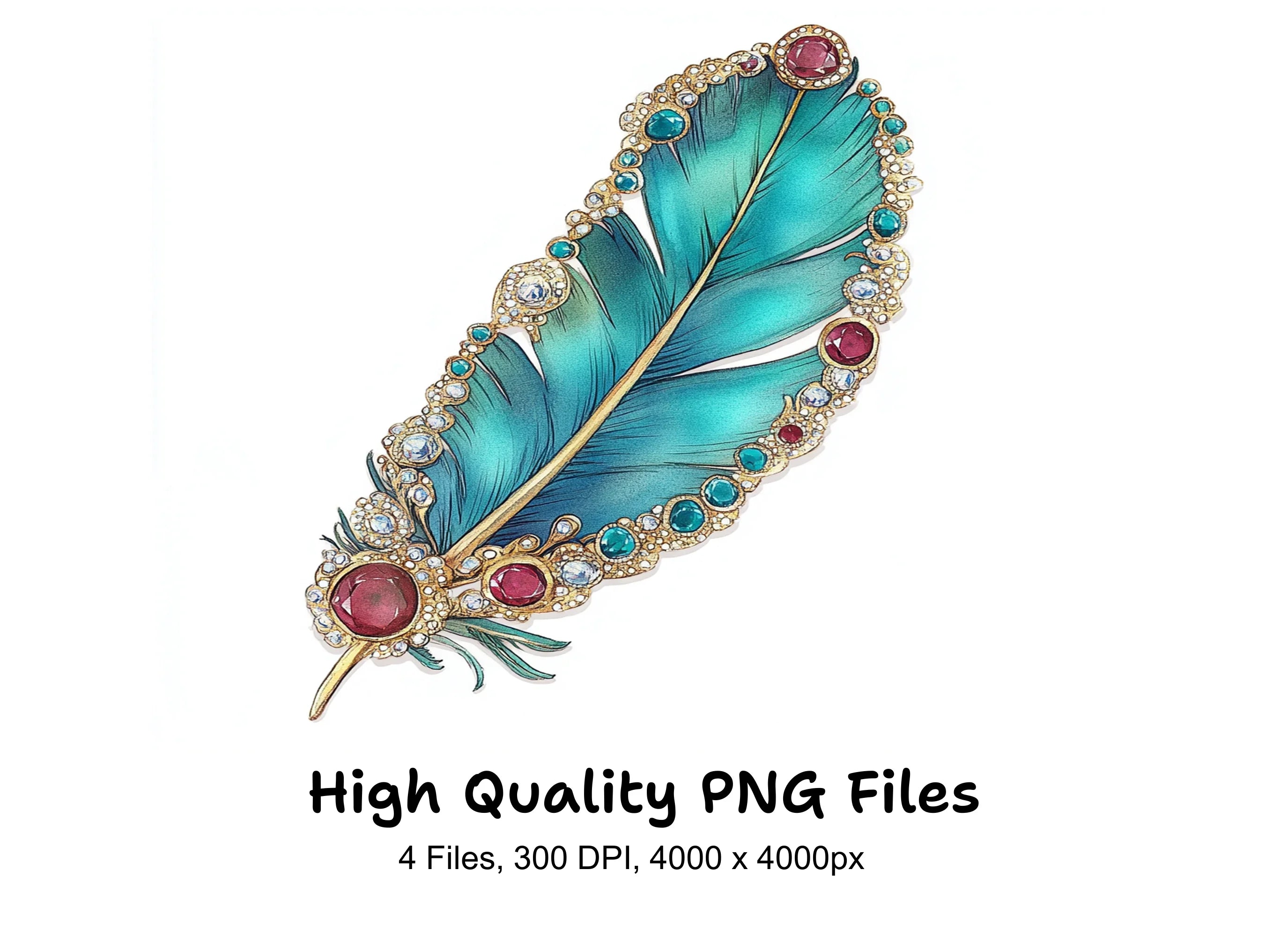 Vibrant Teal Jeweled Feather Clipart Bundle