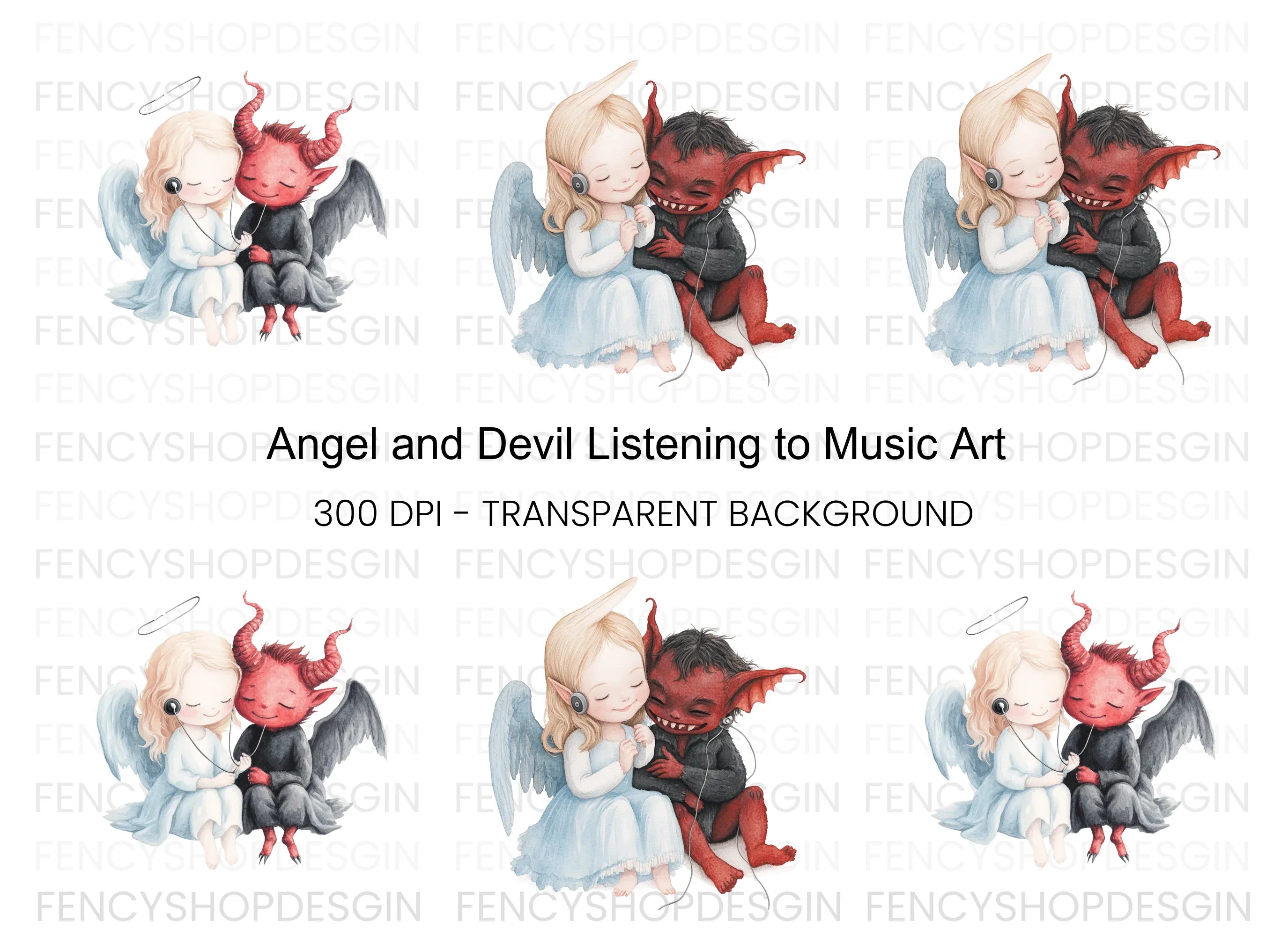 Cute Angel and Devil Listening to Music Clipart Bundle