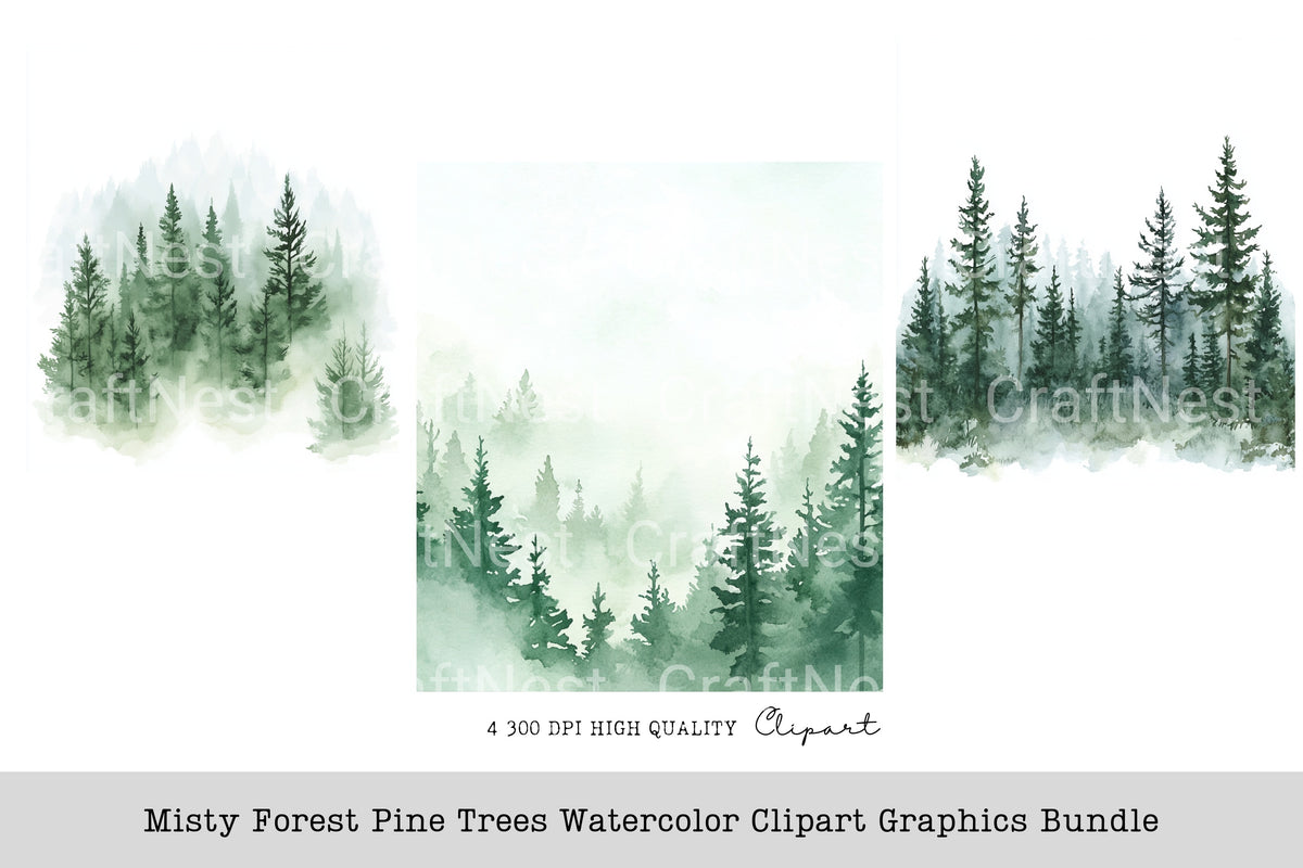 Misty Forest Pine Trees Graphics Clipart Bundle