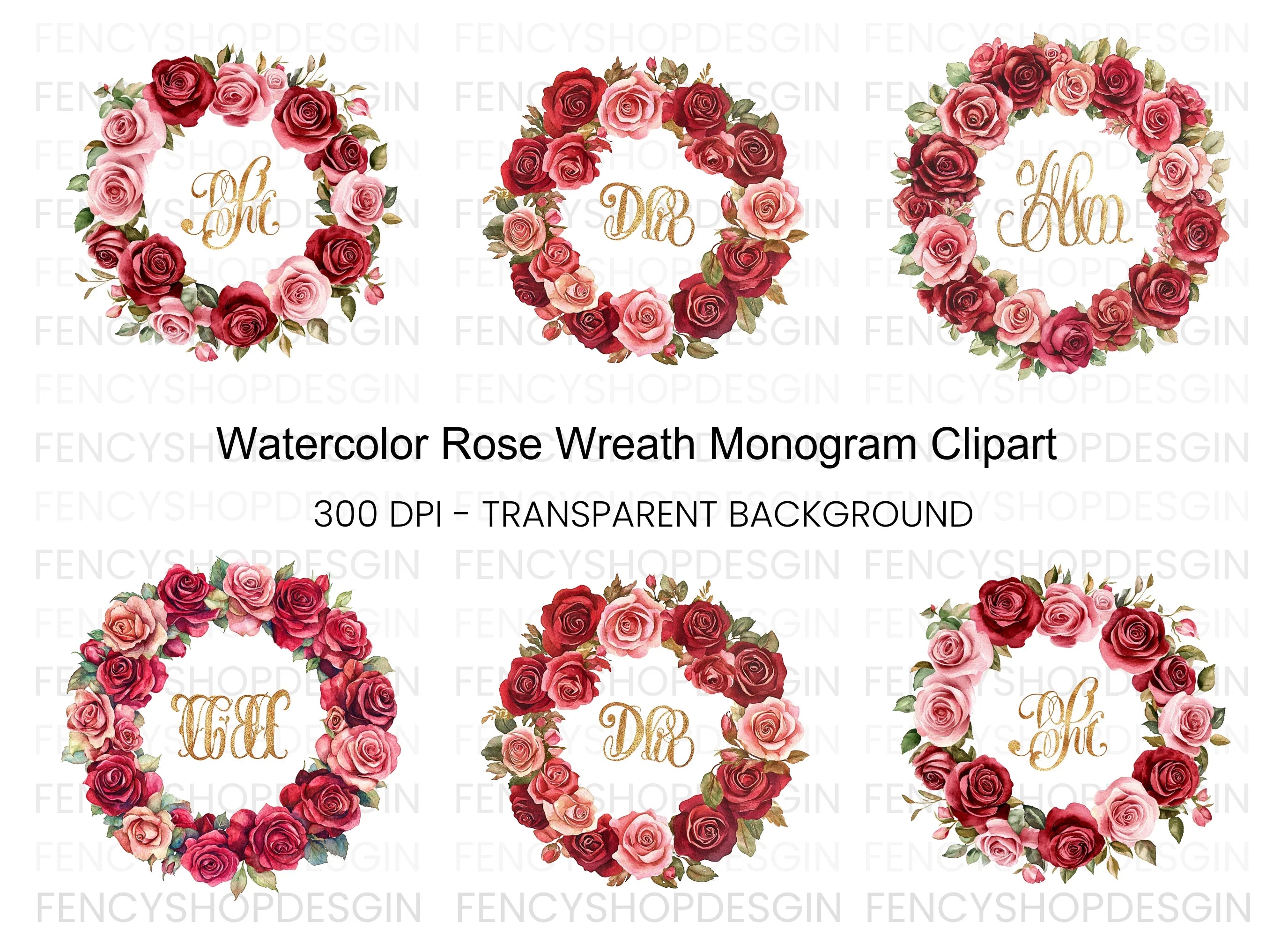 Rose Wreaths Monogram Clipart Bundle