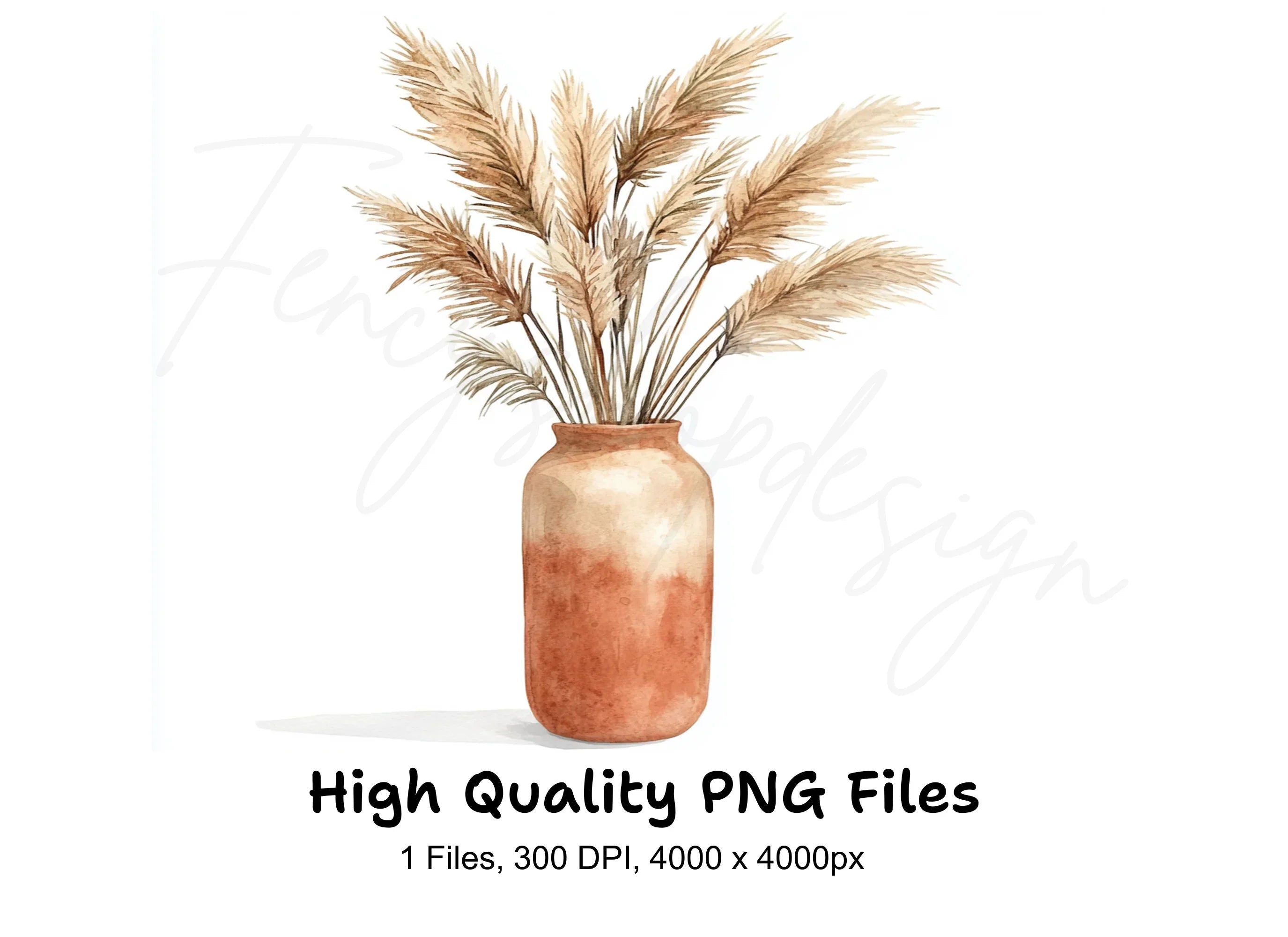 Boho Pampas Grass in Clay Pot Clipart Bundle