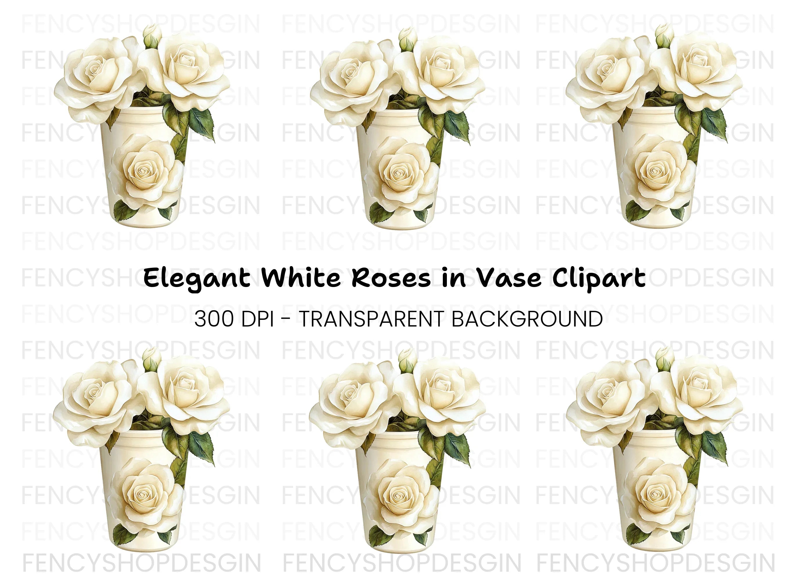 White Rose Vase Illustration Clipart Bundle