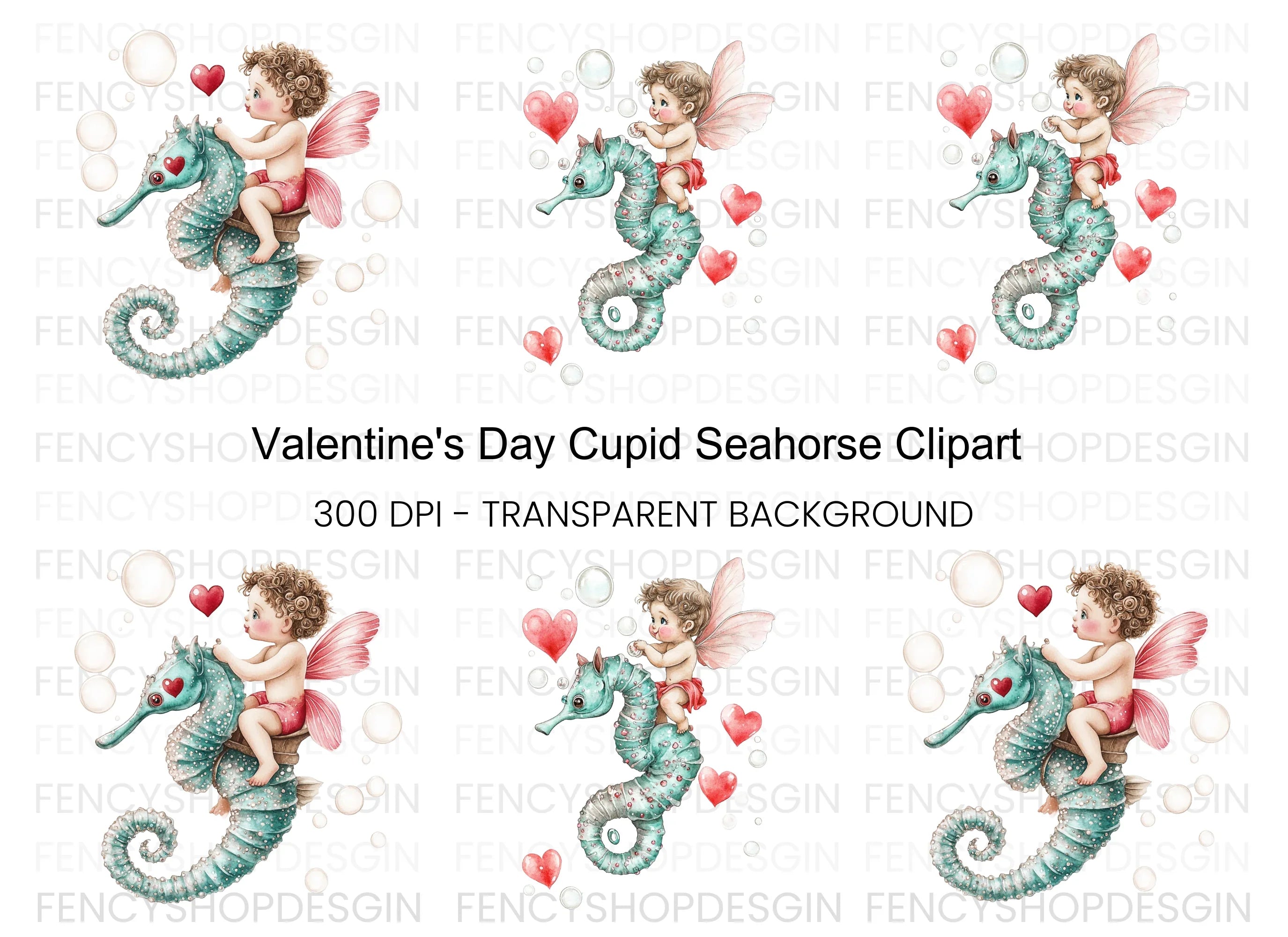 Cute Cupid Riding Seahorse Clipart Bundle