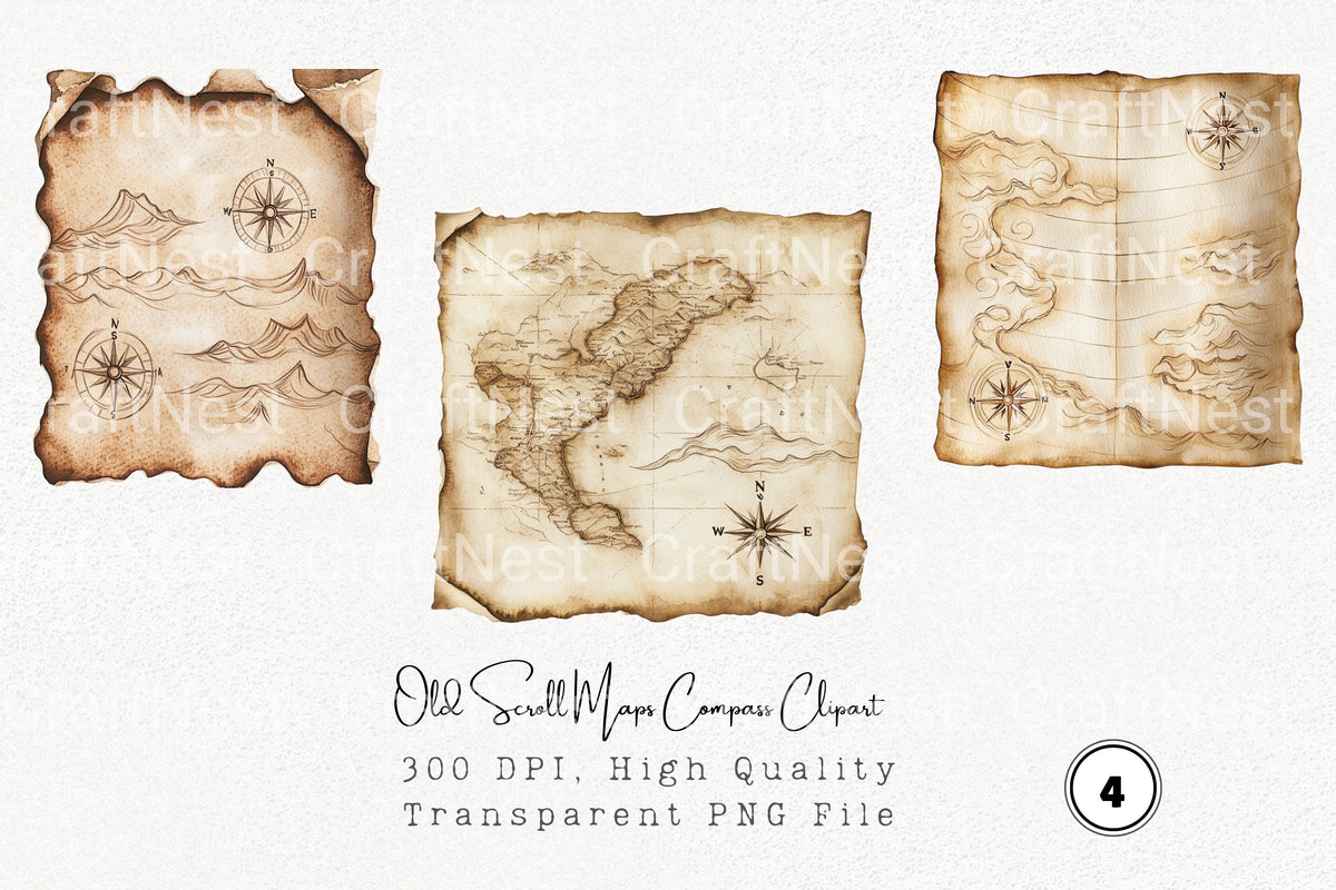 Old Scroll Maps Compass Clipart Bundle