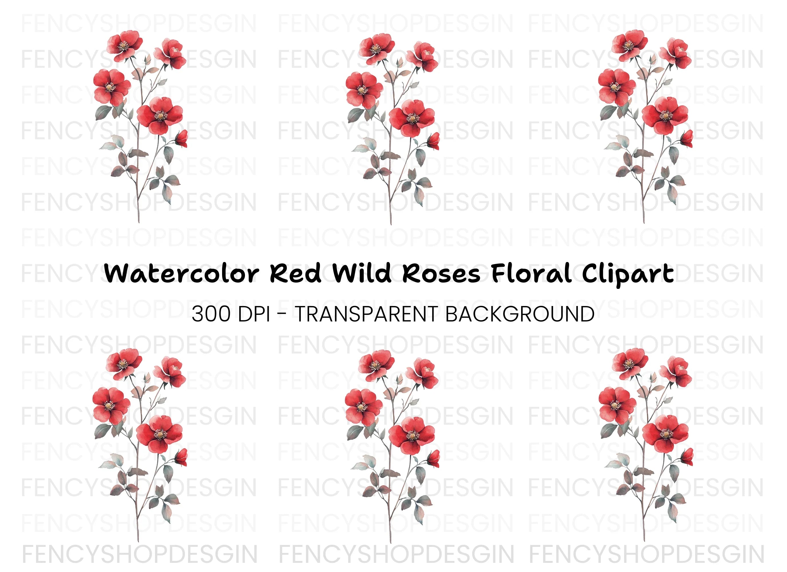 Red Rose Branch Clipart Bundle