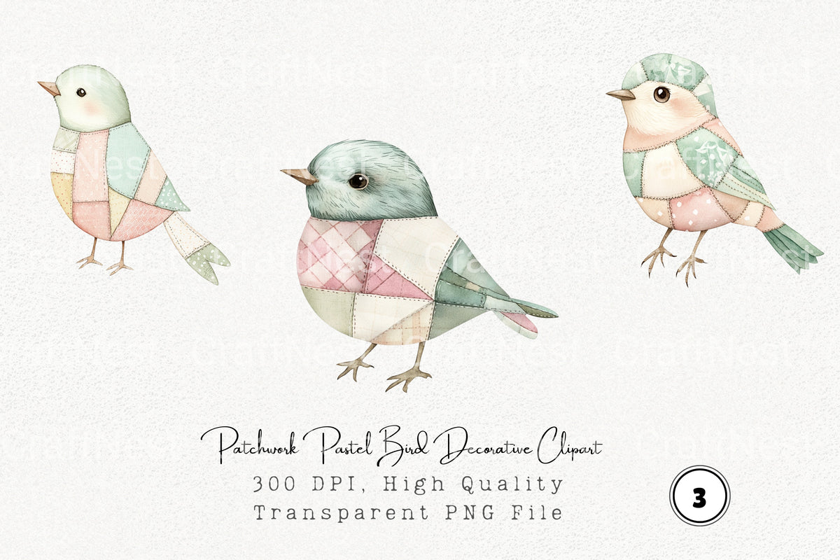 Patchwork Pastel Bird Decorative Clipart Bundle
