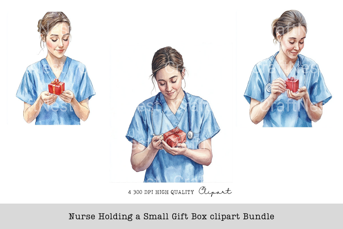 Nurse Holding Small Gift Box Clipart Bundle