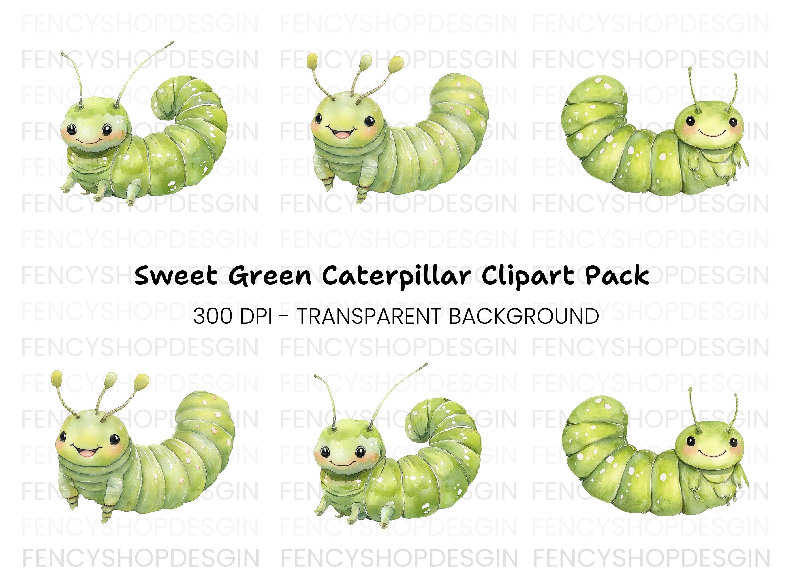 Cute Green Caterpillar Clipart Bundle