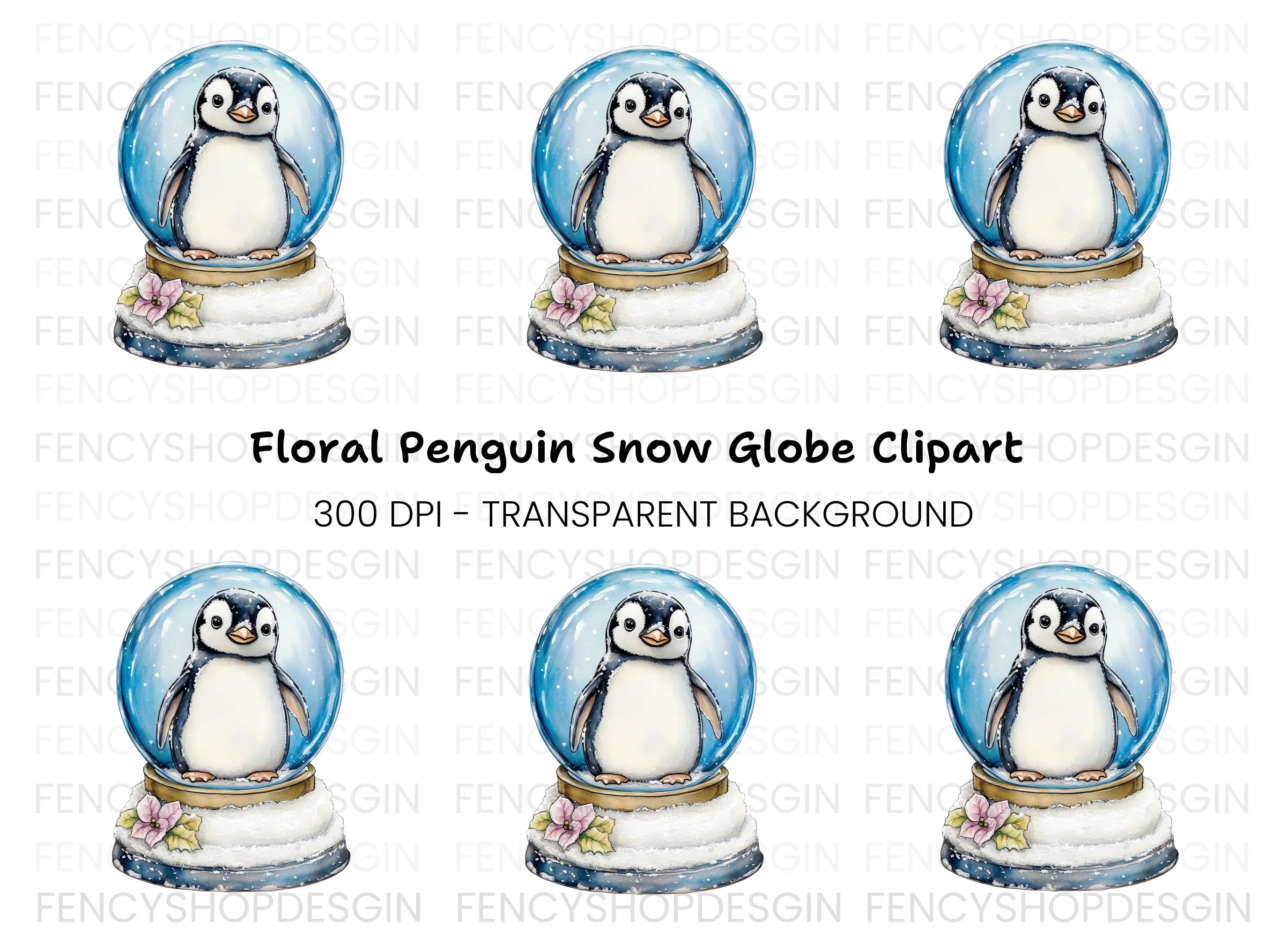 Festive Penguin Snow Globe Illustration Clipart Bundle