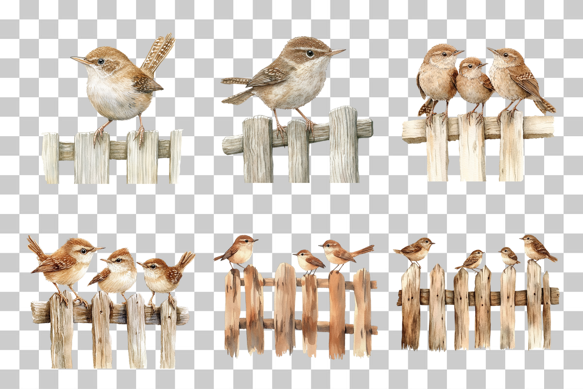 Wren Birds on Fence Clipart Bundle