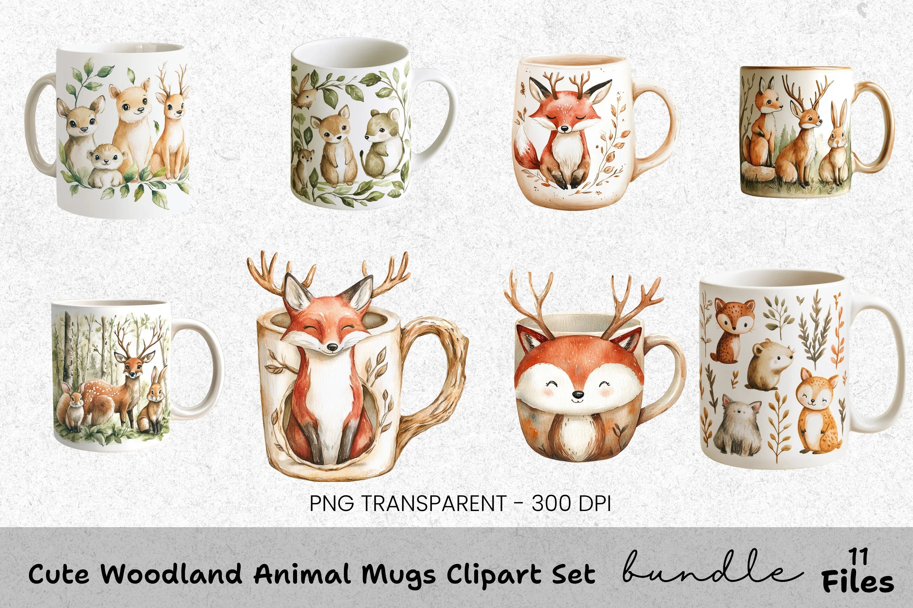 Cute Woodland Animal Mugs Clipart Bundle