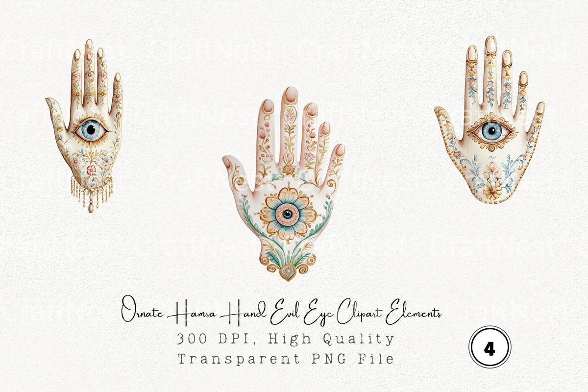 Ornate Hamsa Hand Evil Eye Elements Clipart Bundle