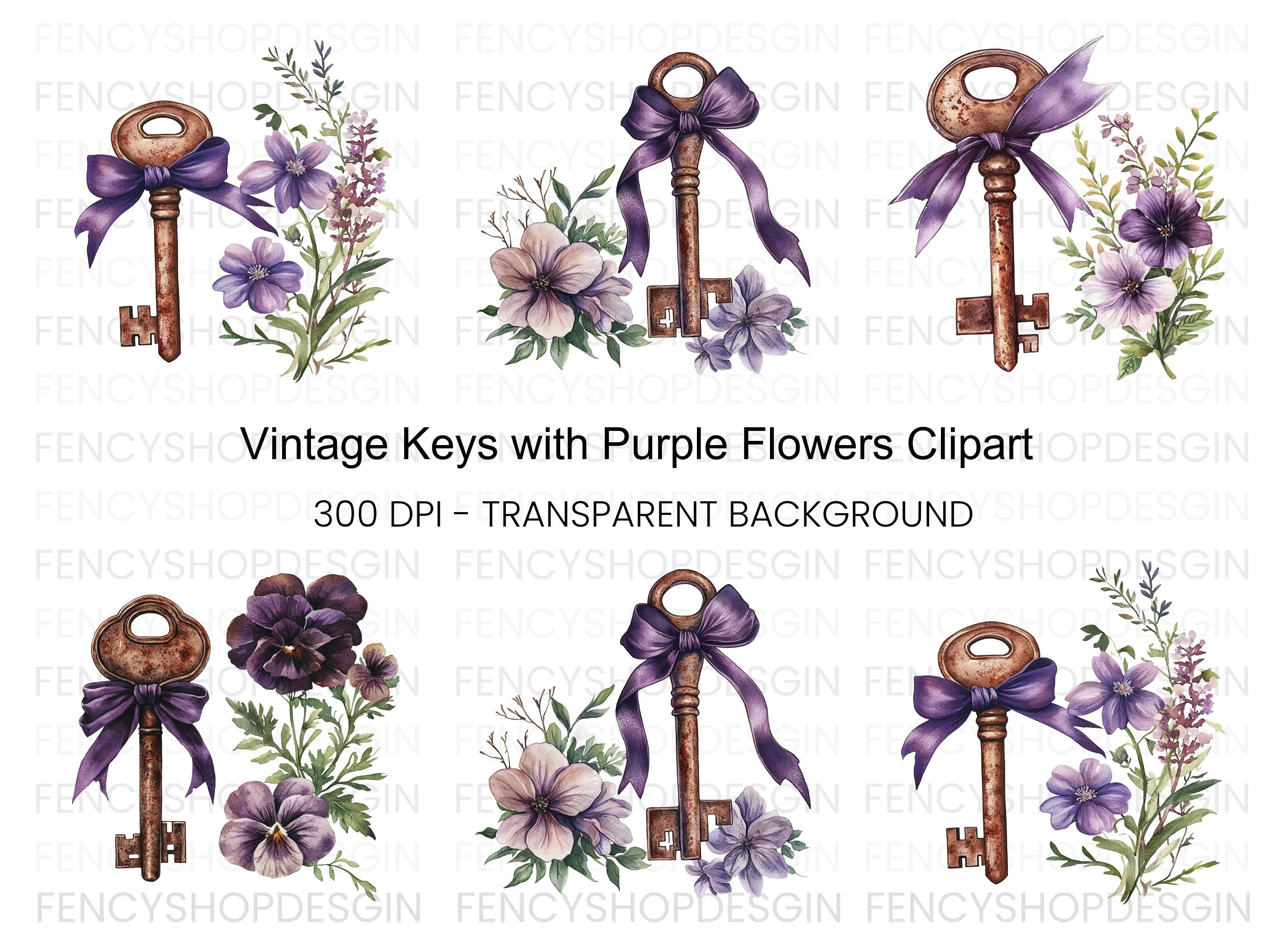 Vintage Keys with Purple Ribbons Clipart Bundle