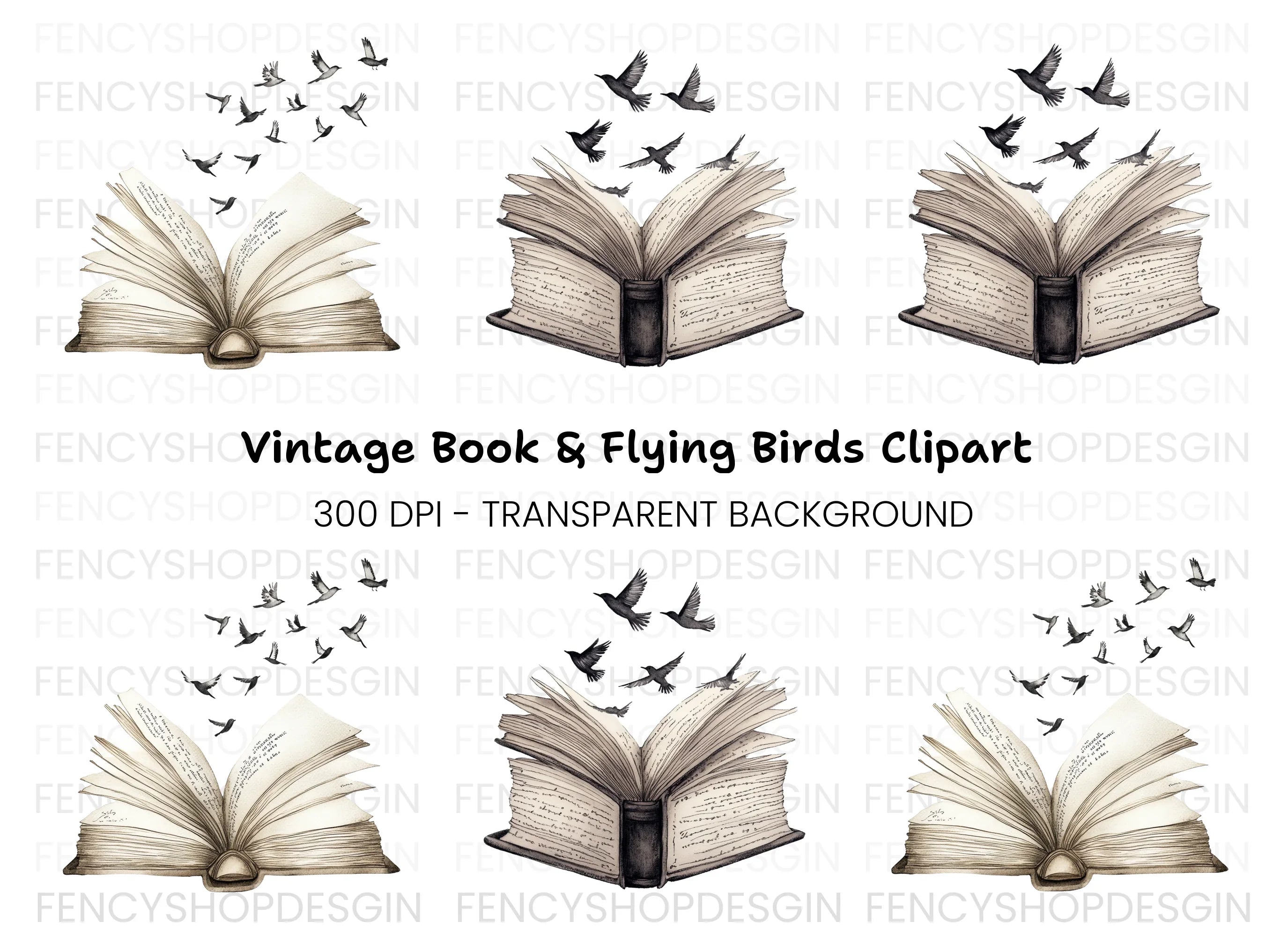 Open Books with Flying Birds Clipart Bundle