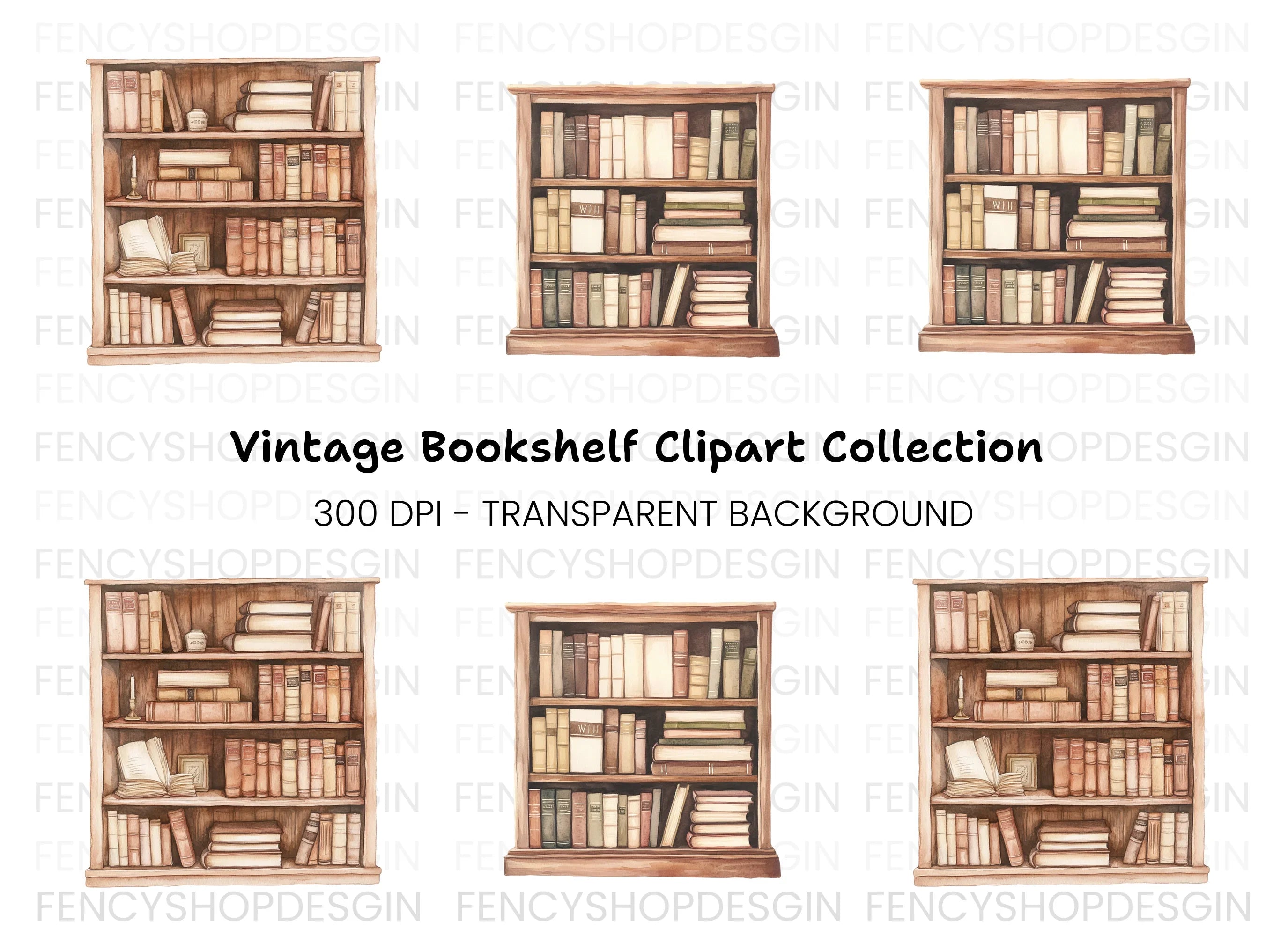 Vintage Bookshelf Clipart Bundle
