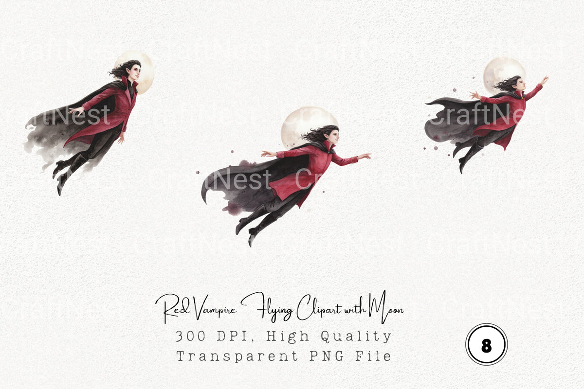 Red Vampire Flying With Moon Clipart Bundle