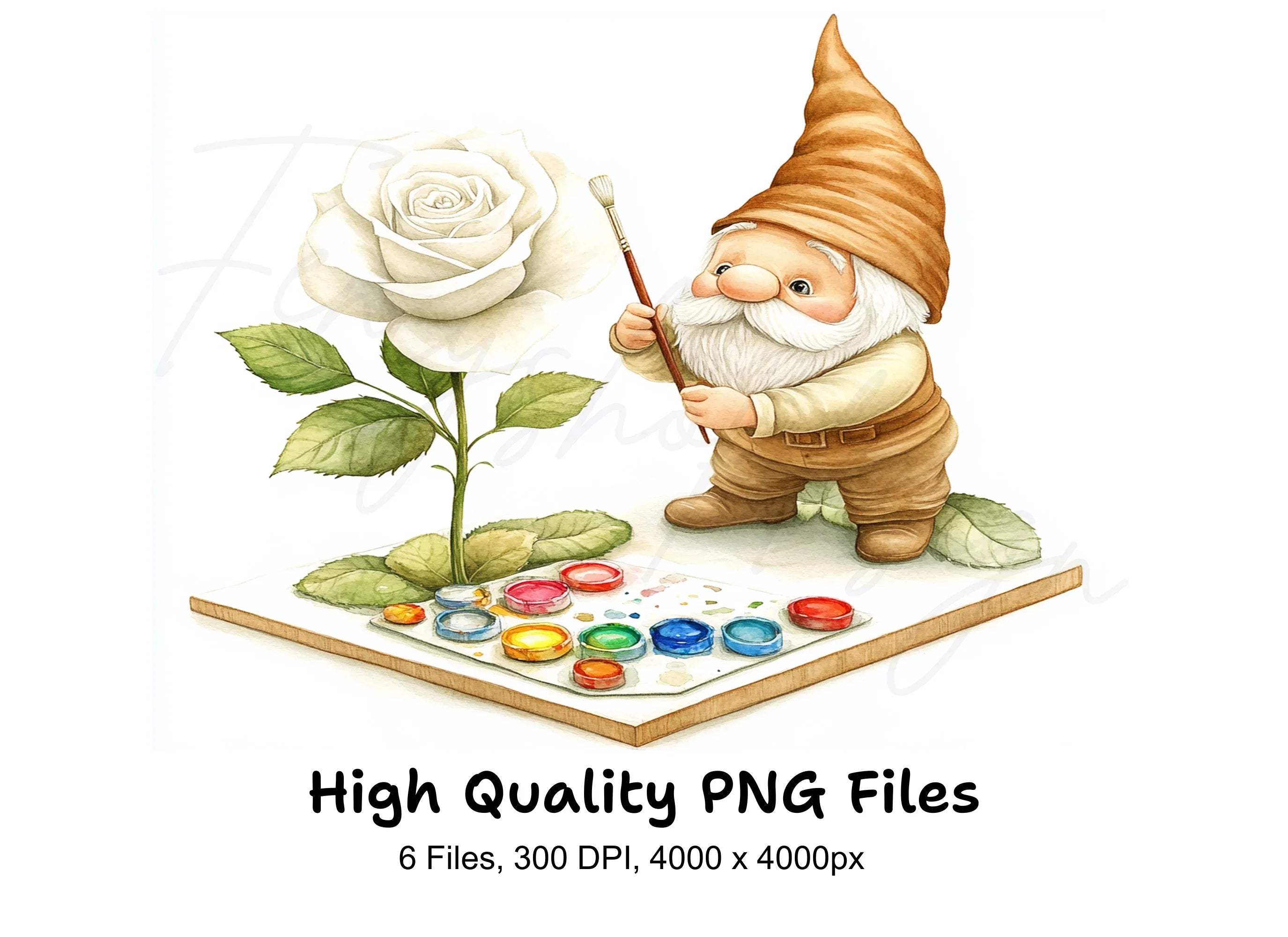 Gnome Painting White Rose Clipart Bundle