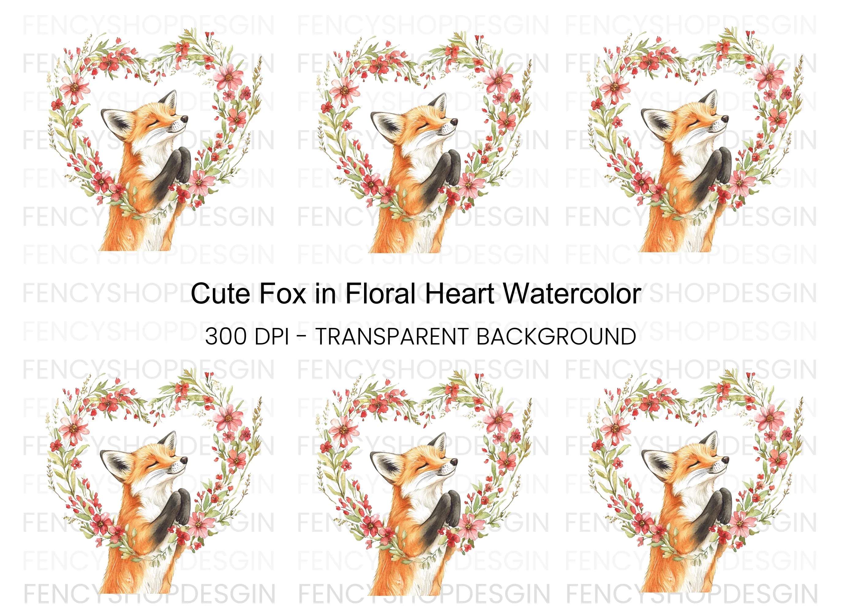 Cute Fox with Floral Heart Clipart Bundle