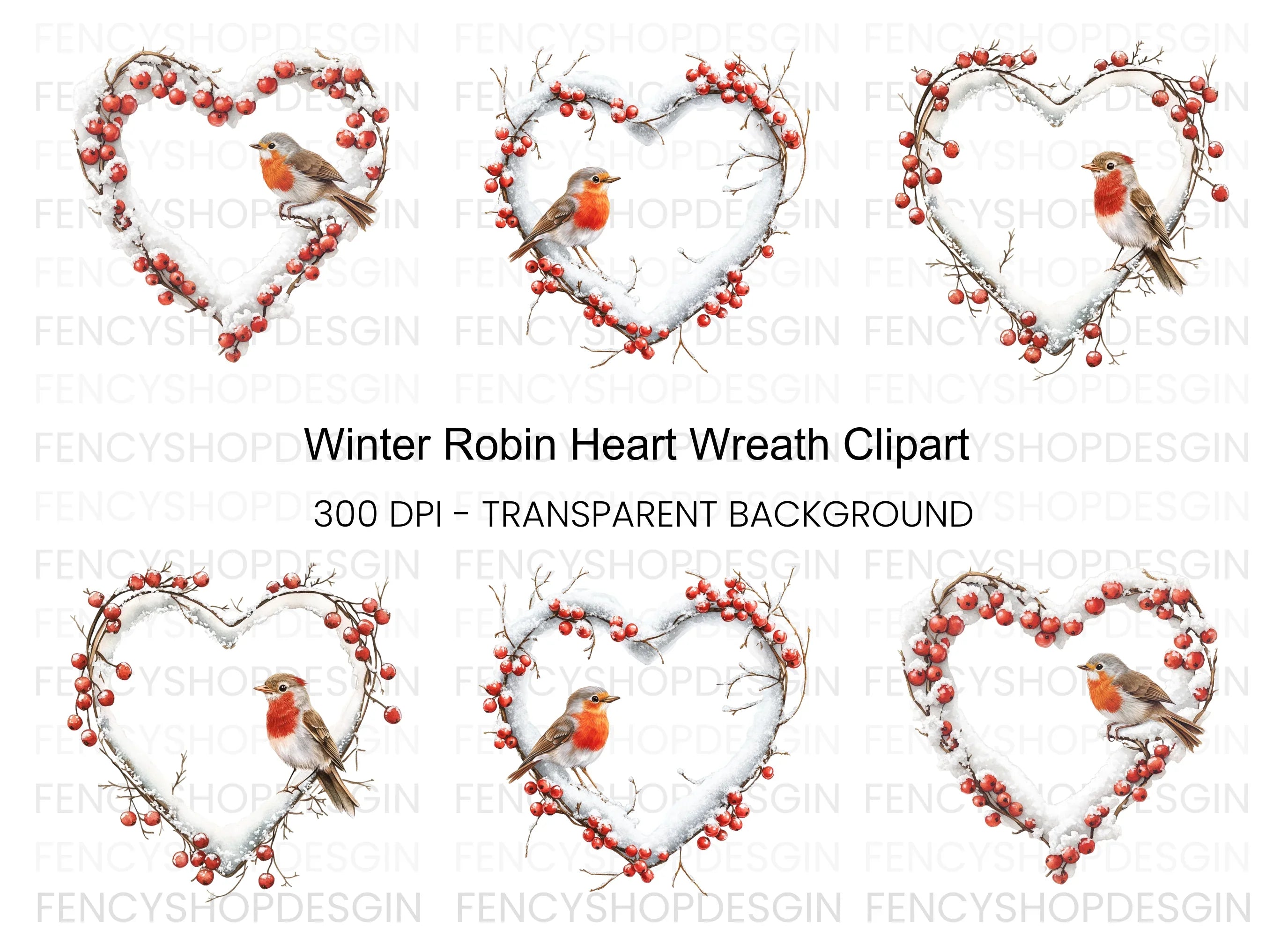Winter Robin Heart Wreath Clipart Bundle
