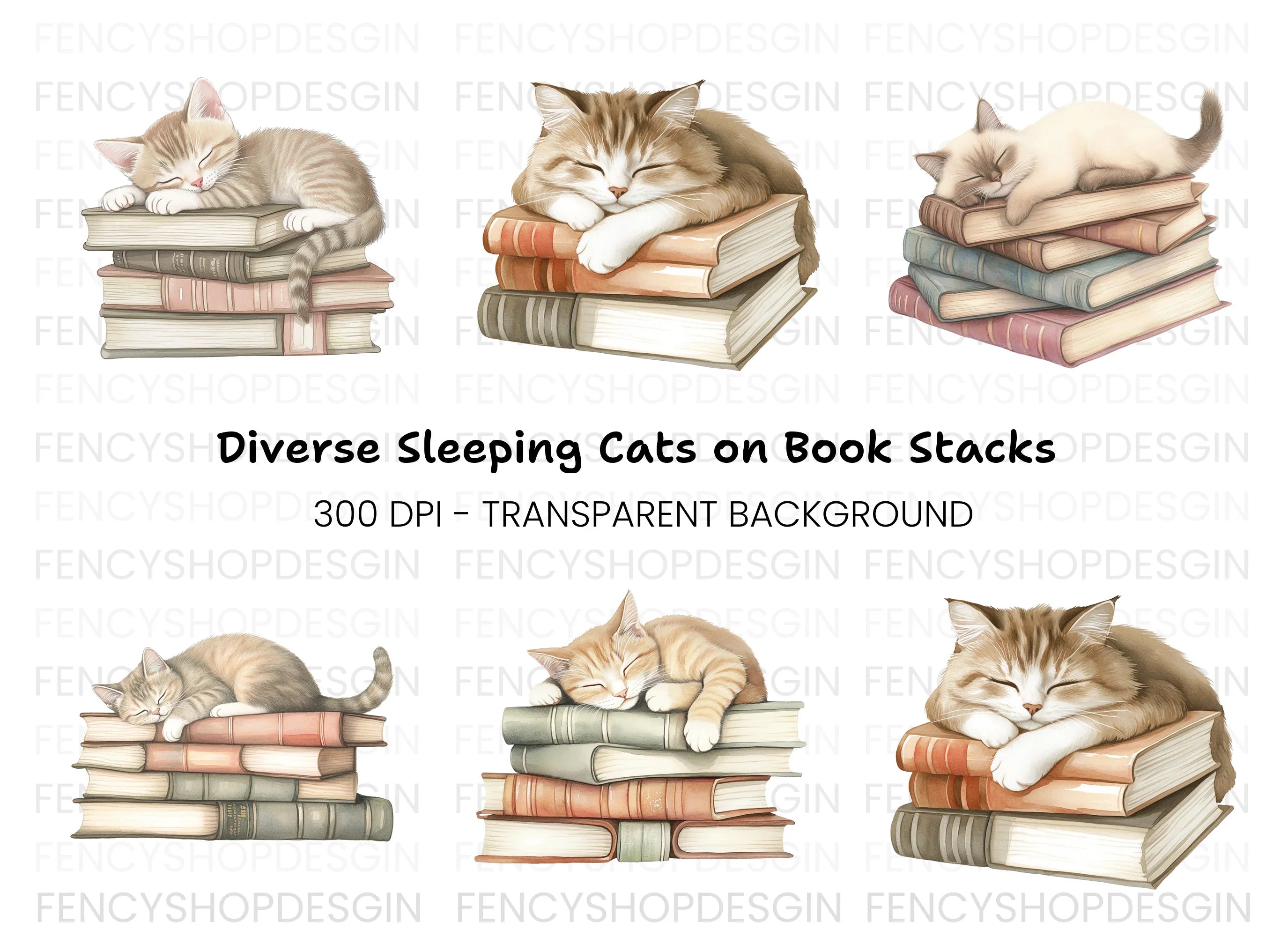 Cute Kittens Napping on Book Stacks Clipart Bundle