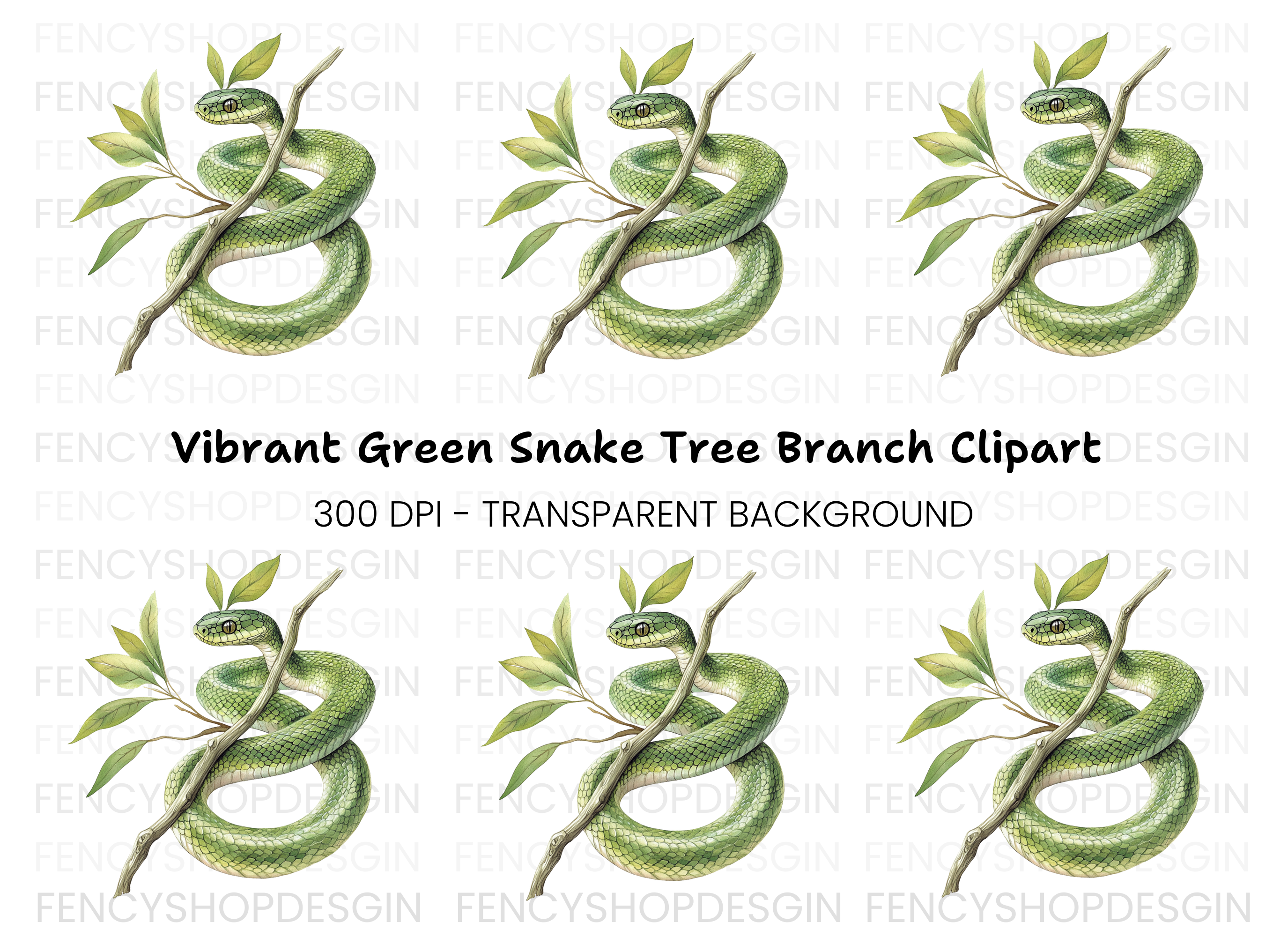 Vibrant Green Snake on Tree Branch Clipart Bundle