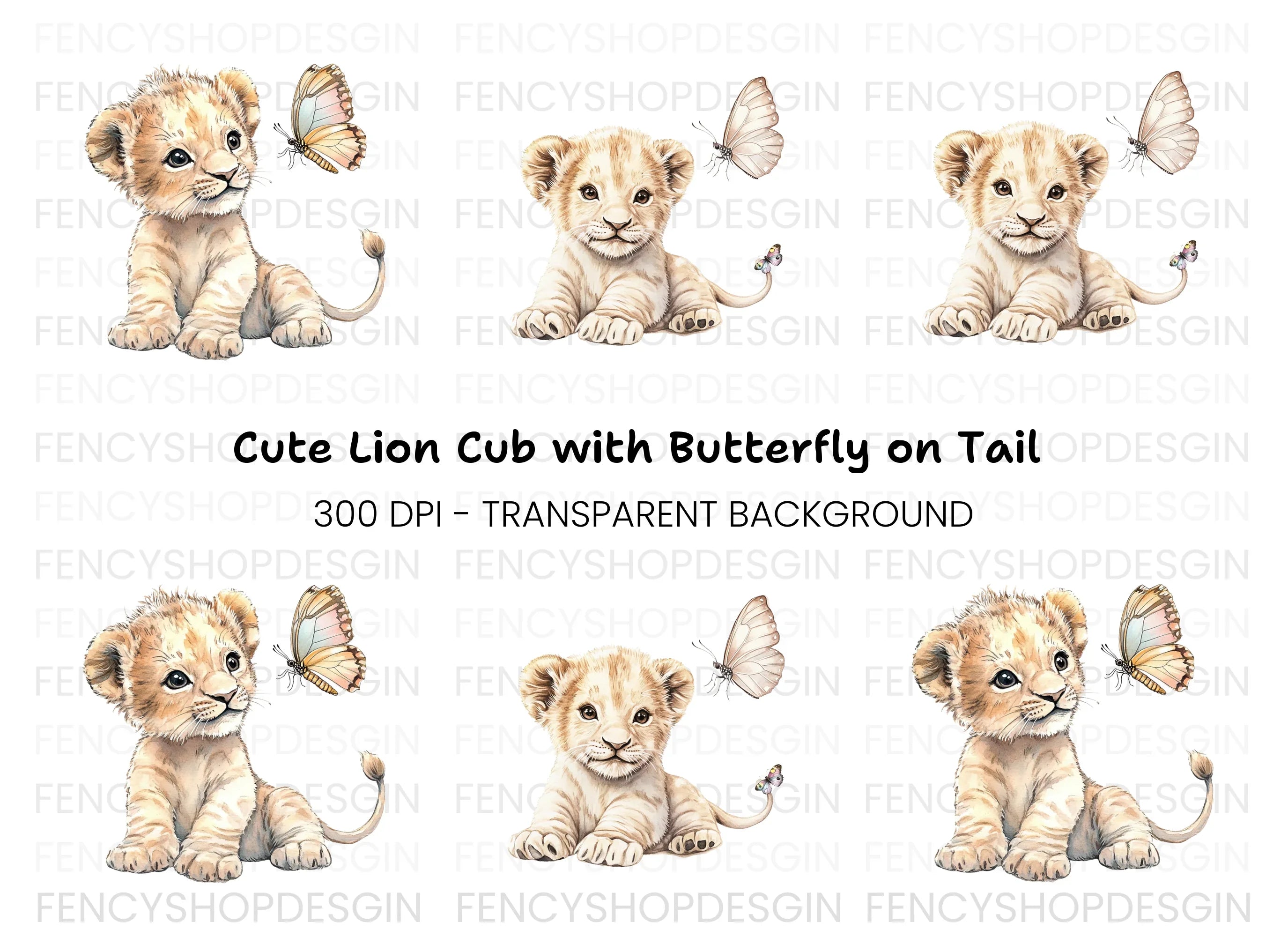 Cute Lion Cubs with Butterflies Clipart Bundle