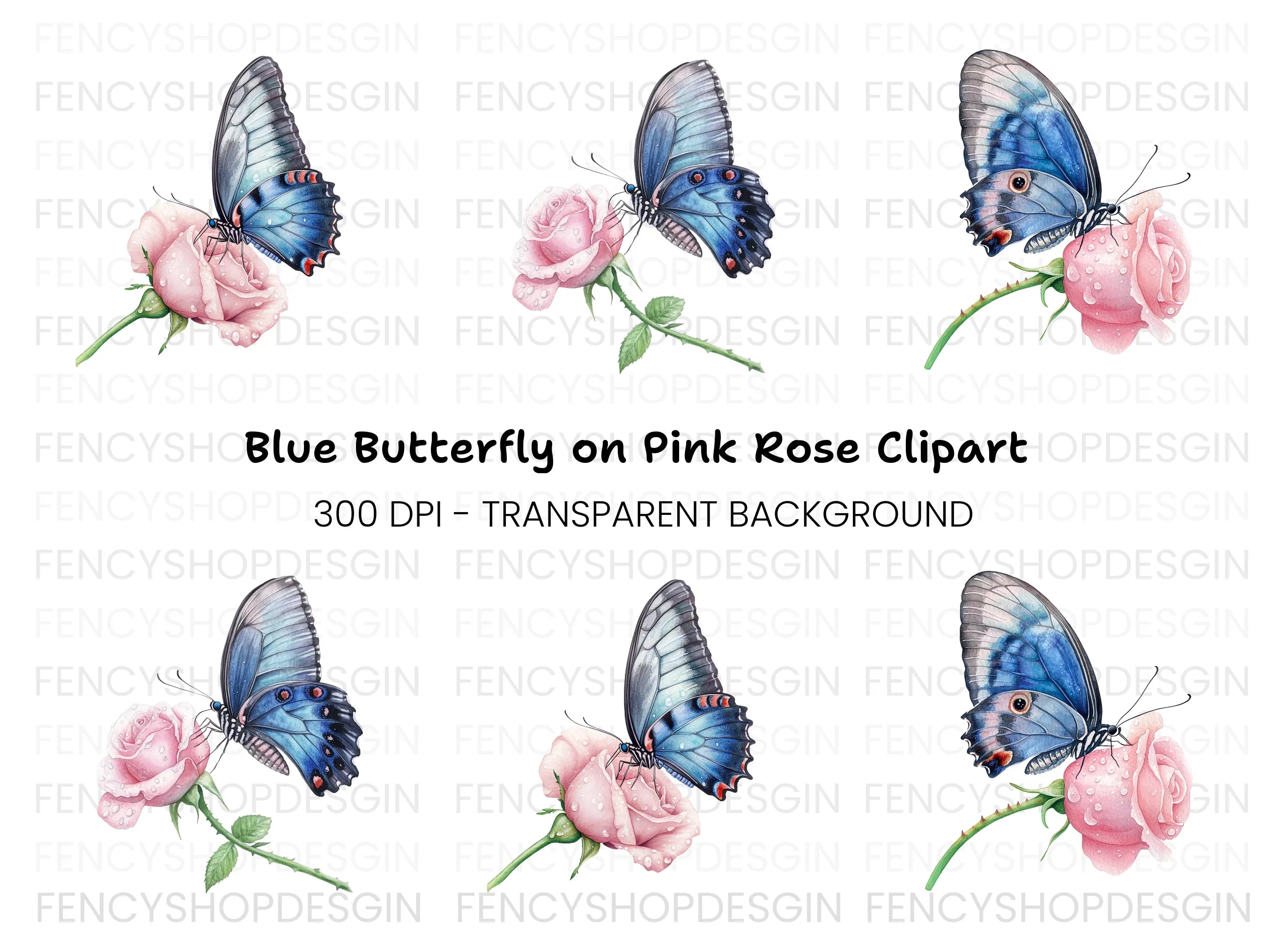 Blue Butterfly Pink Rose Clipart Bundle