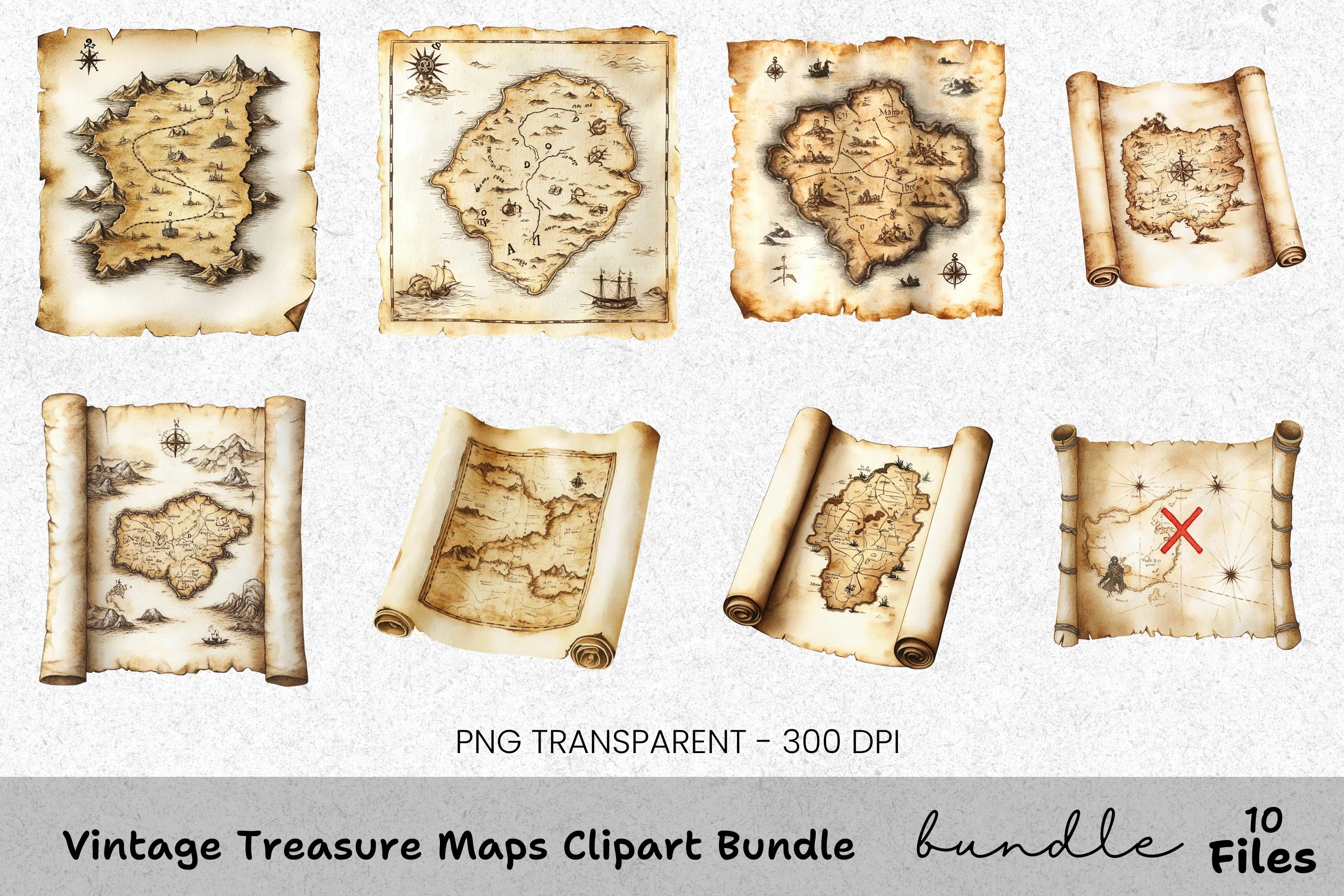 Vintage Treasure Maps Clipart Bundle