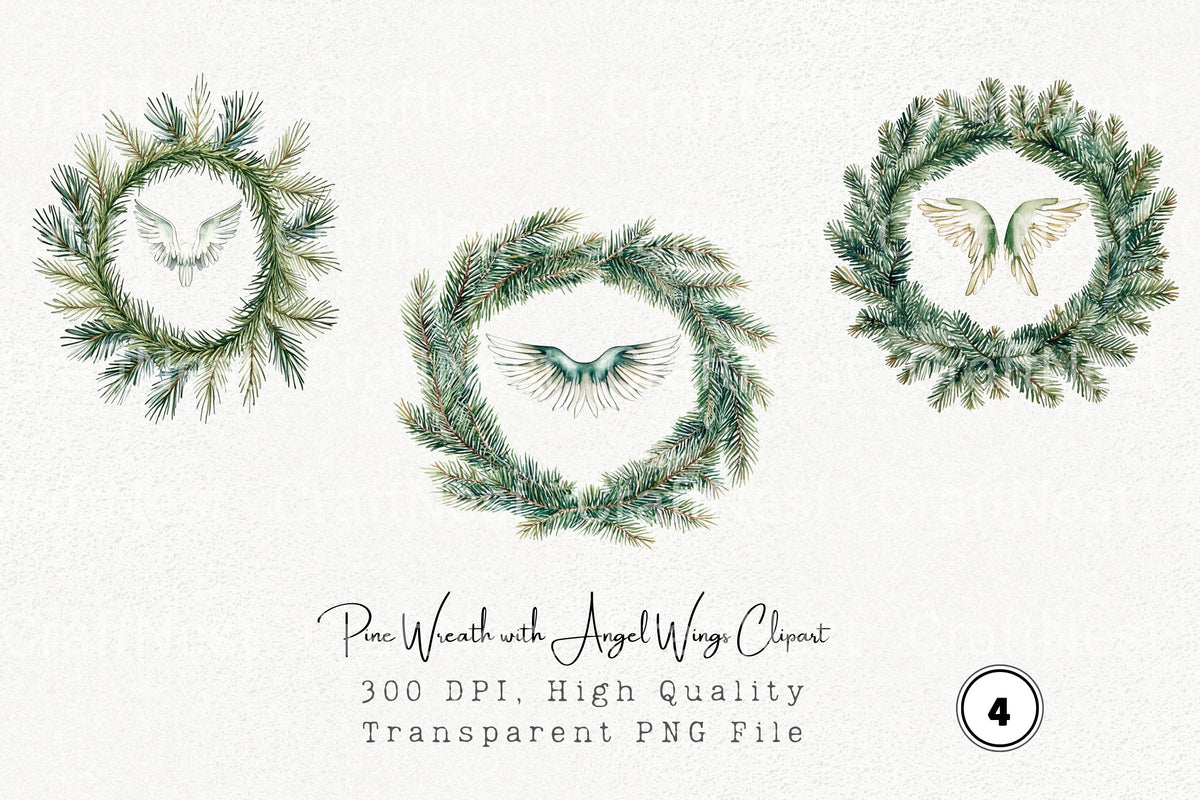 Pine Wreath With Angel Wings Clipart Bundle