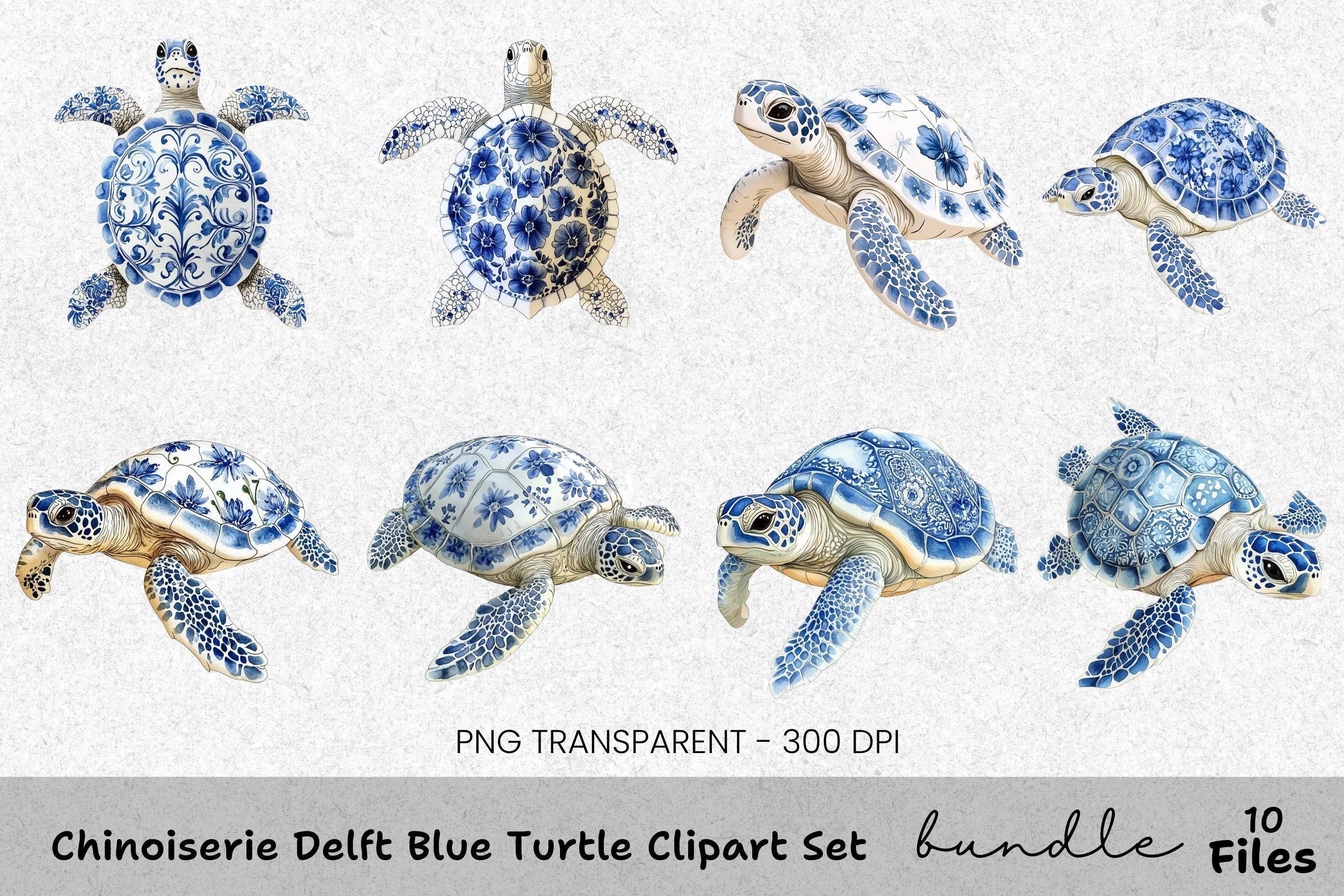 Chinoiserie Delft Blue Turtle Clipart Bundle