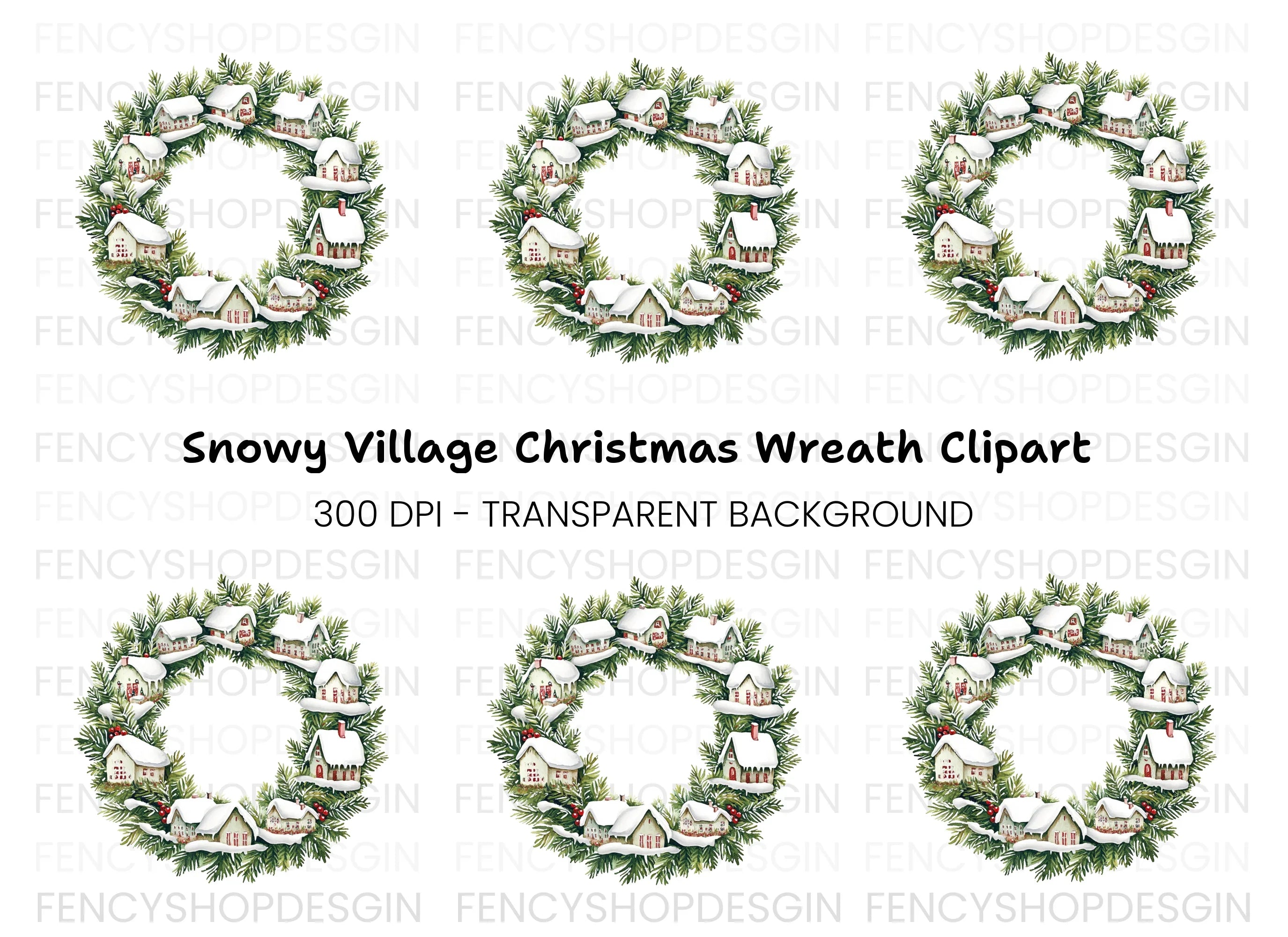 Snowy Village Christmas Wreath Clipart Bundle