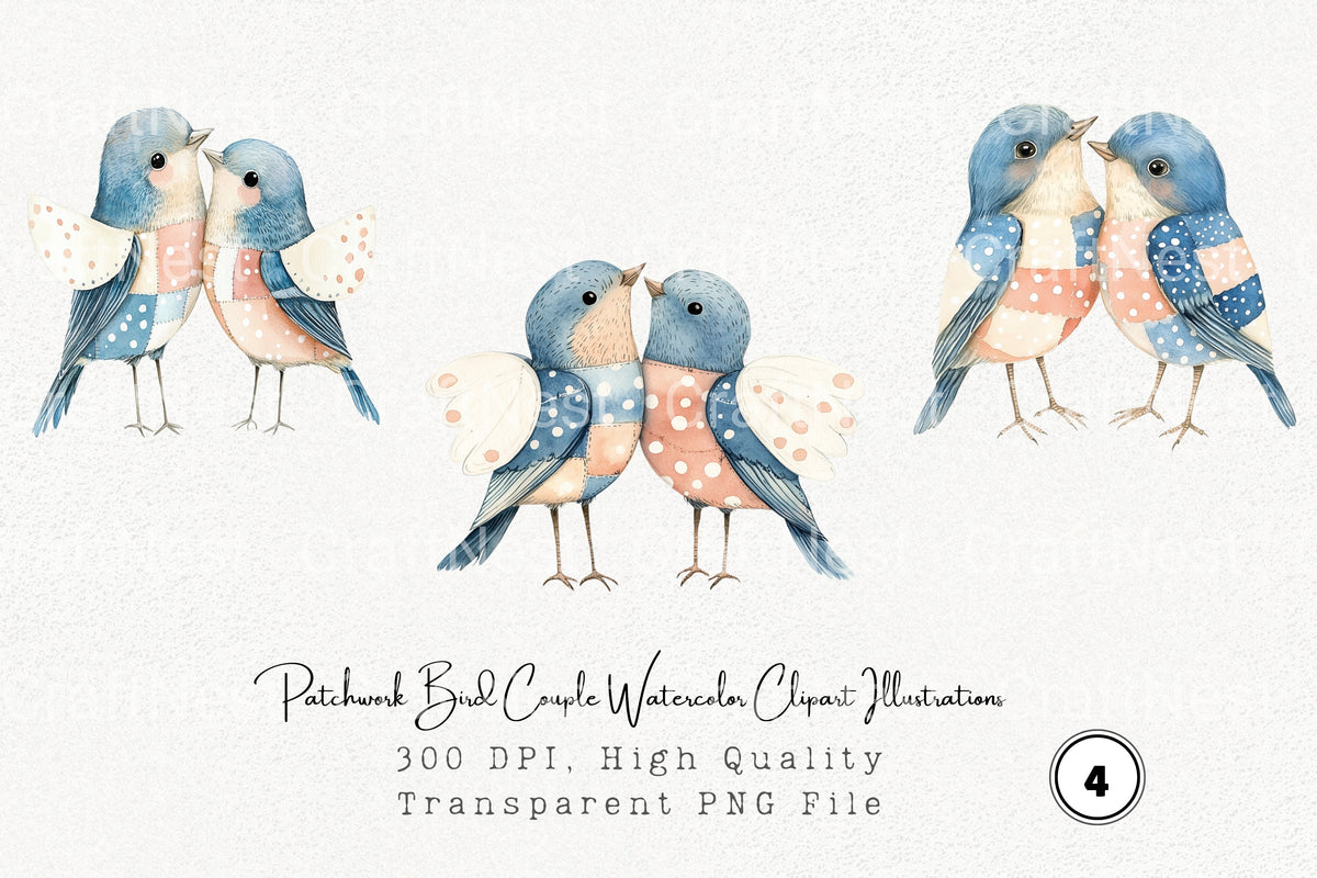 Patchwork Bird Couple Illustrations Clipart Bundle