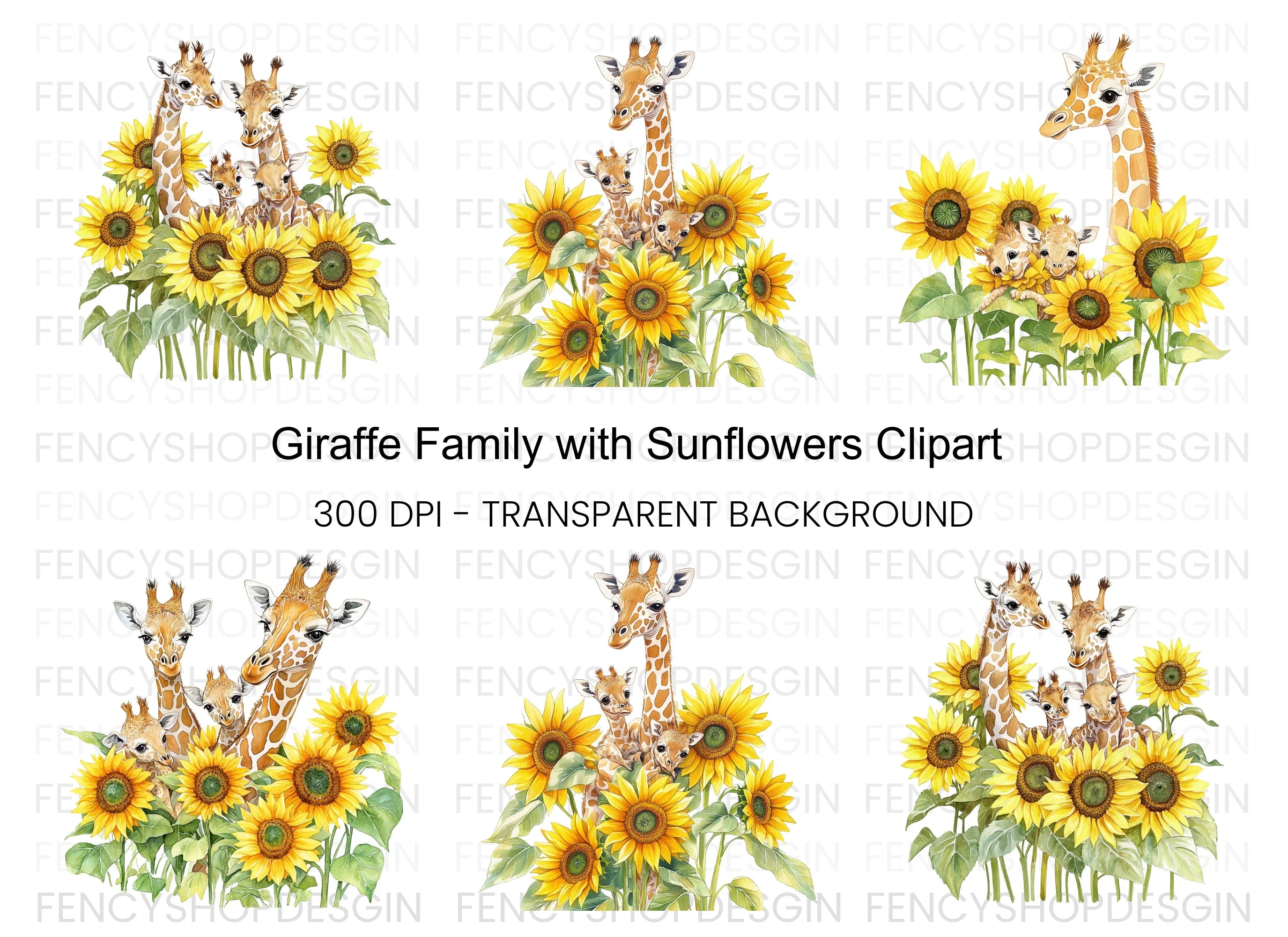 Giraffe Family with Sunflowers Clipart Bundle