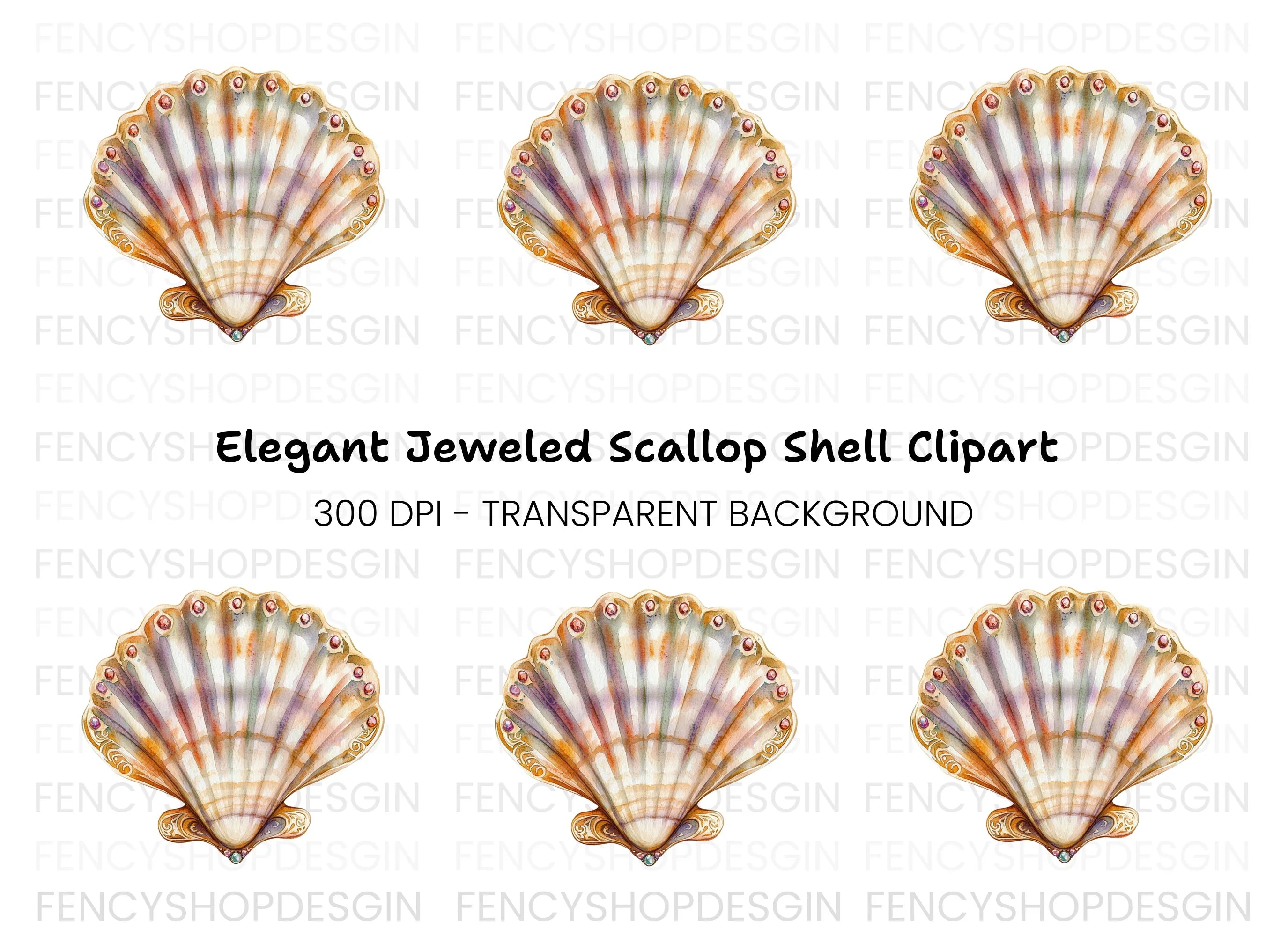 Ornate Scallop Shells with Jewels Clipart Bundle