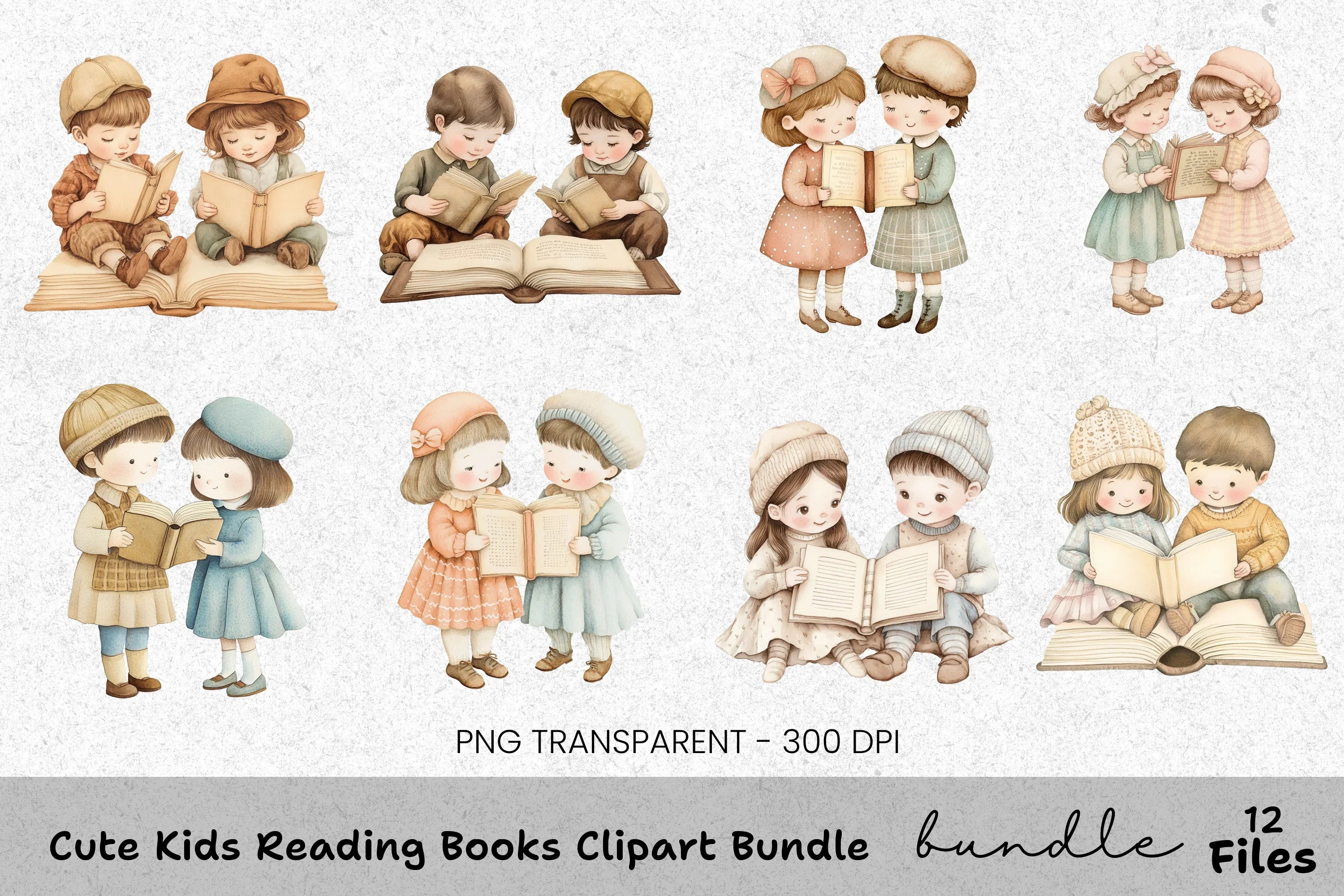Cute Kids Reading Books Clipart Bundle