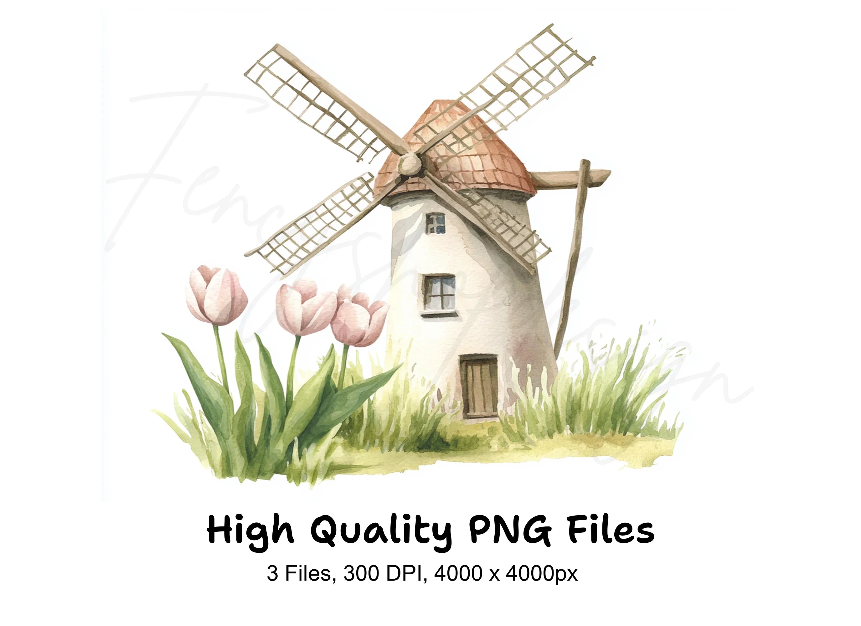 Windmills and Pastel Tulips Clipart Bundle